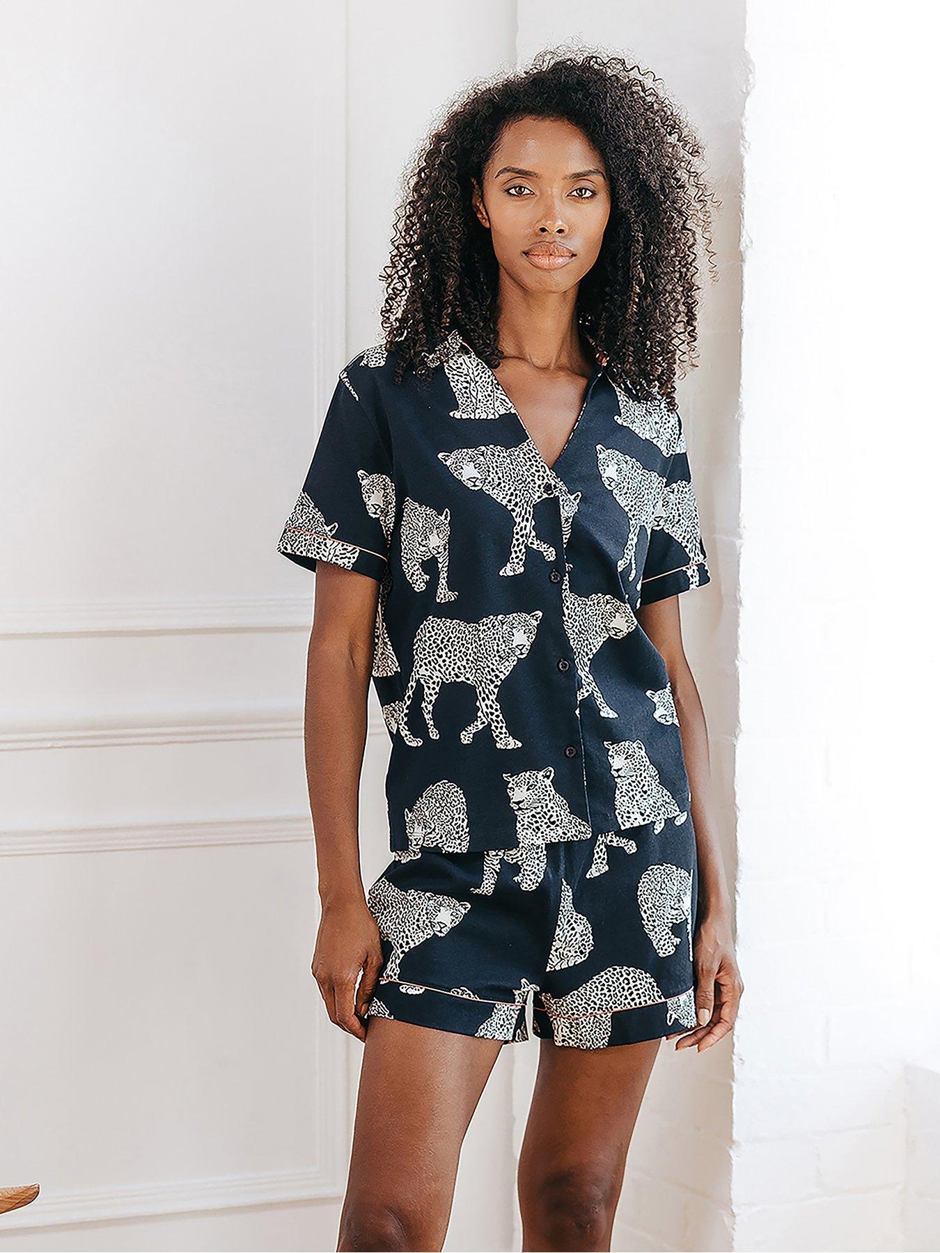 undefined V Neck Button Up Cotton Short Set - Navy