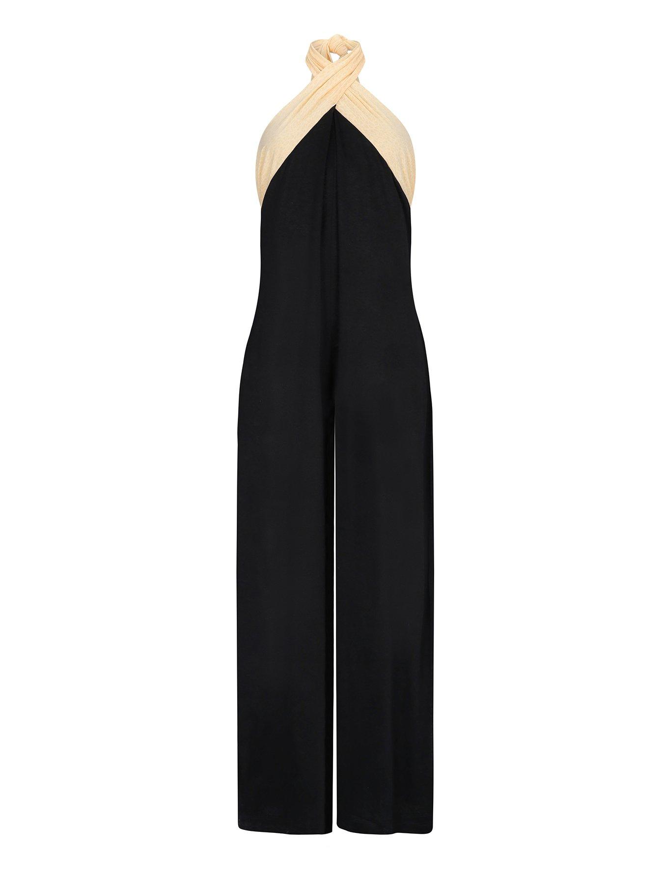 front image of pitusa-halter-lightweight-beach-jumpsuit-black