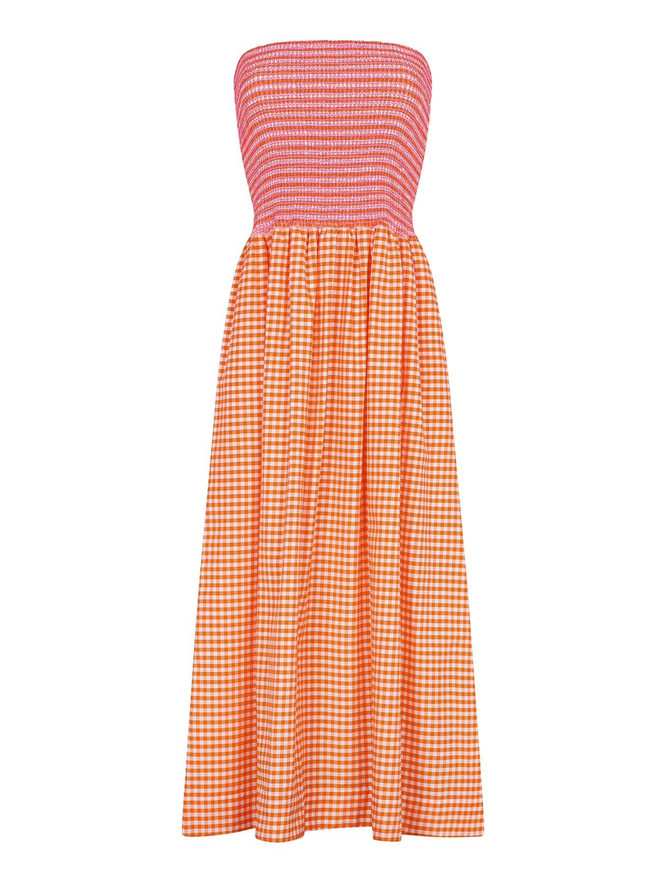 undefined Strapless Smocked Midi Lightweight Beach Dress - Orange