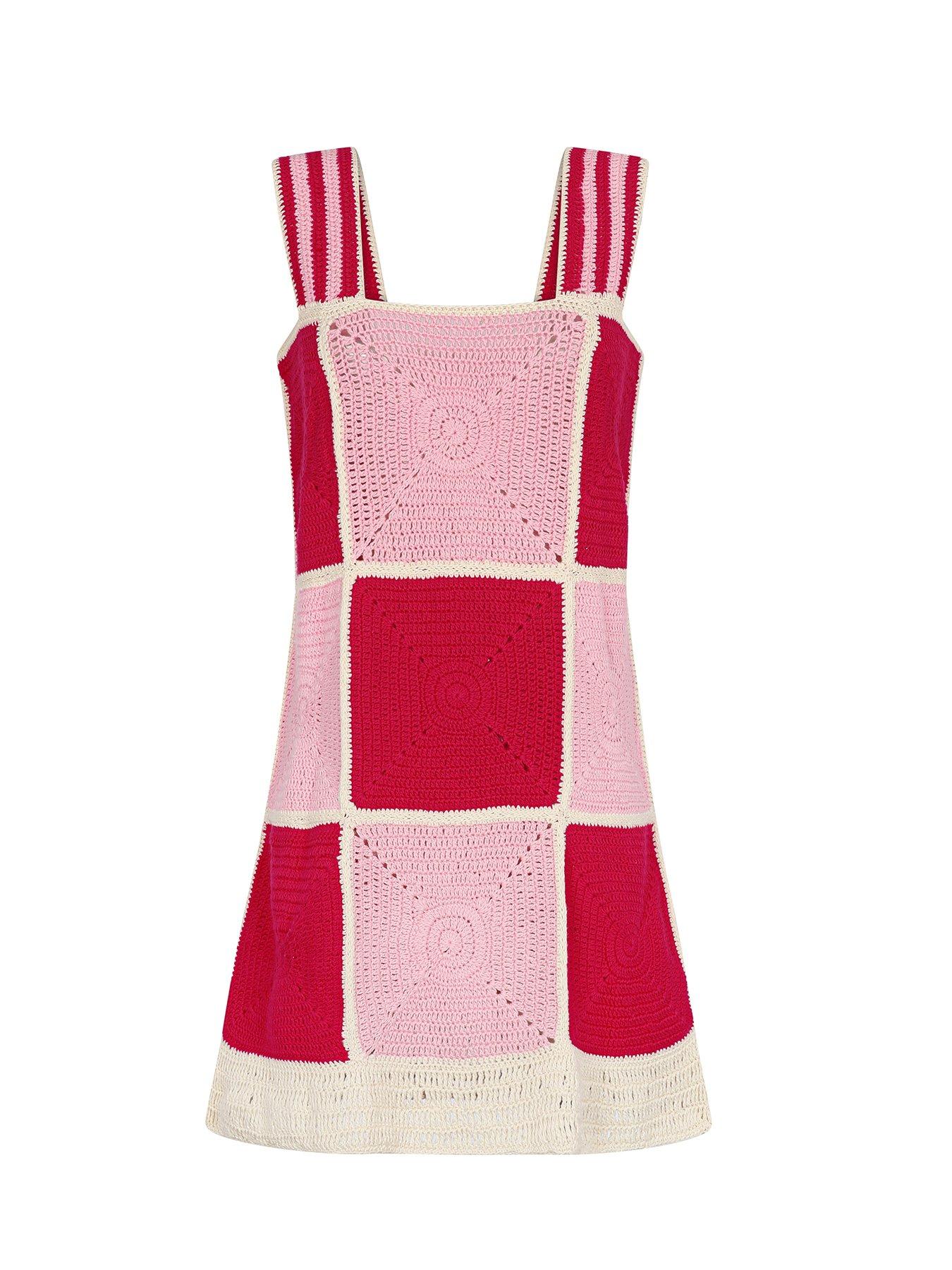 undefined Crochet Checkered Mini Dress - Pink