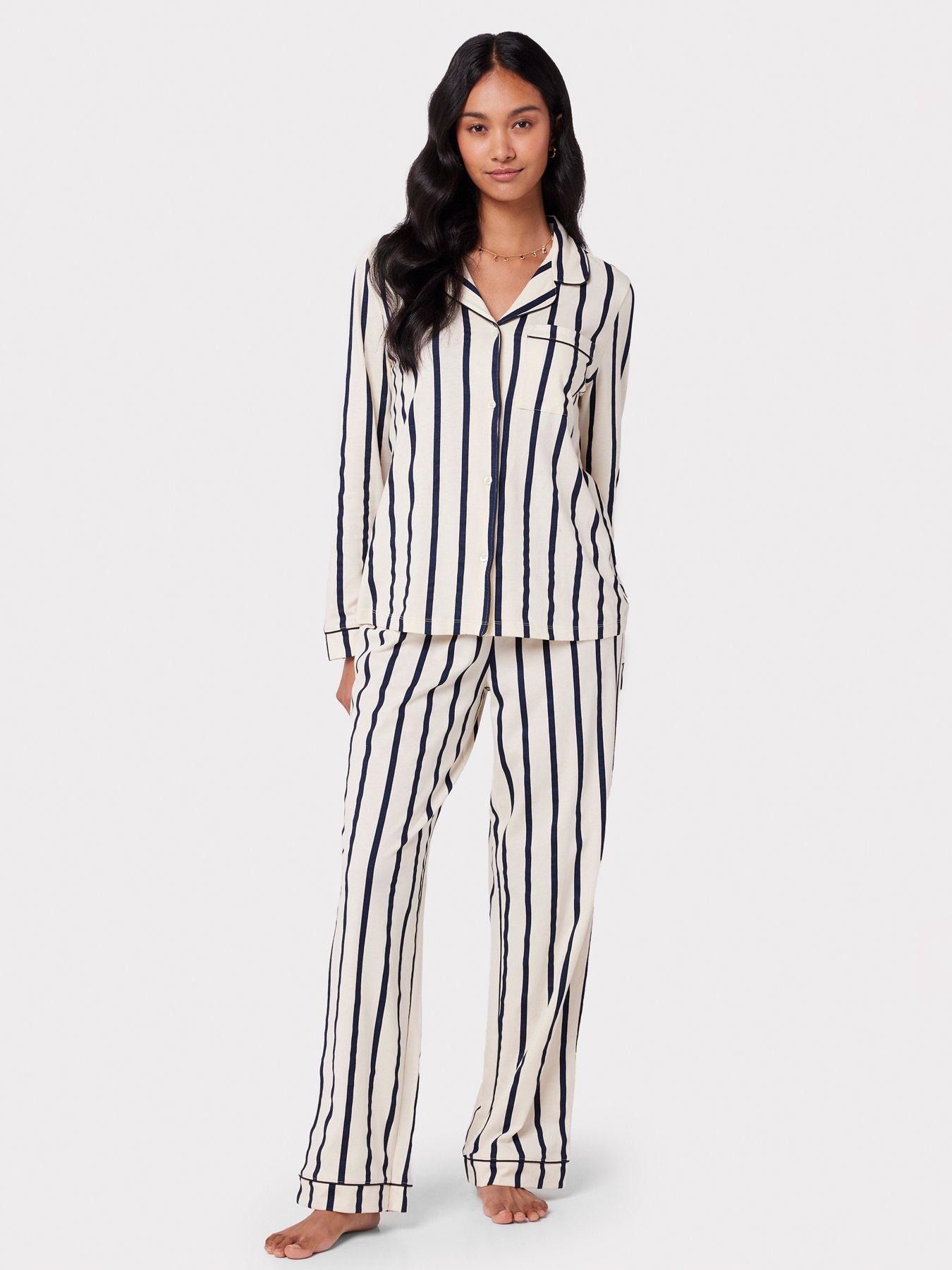 undefined Cotton Cream & Navy Stripe Print Long Pyjama Set