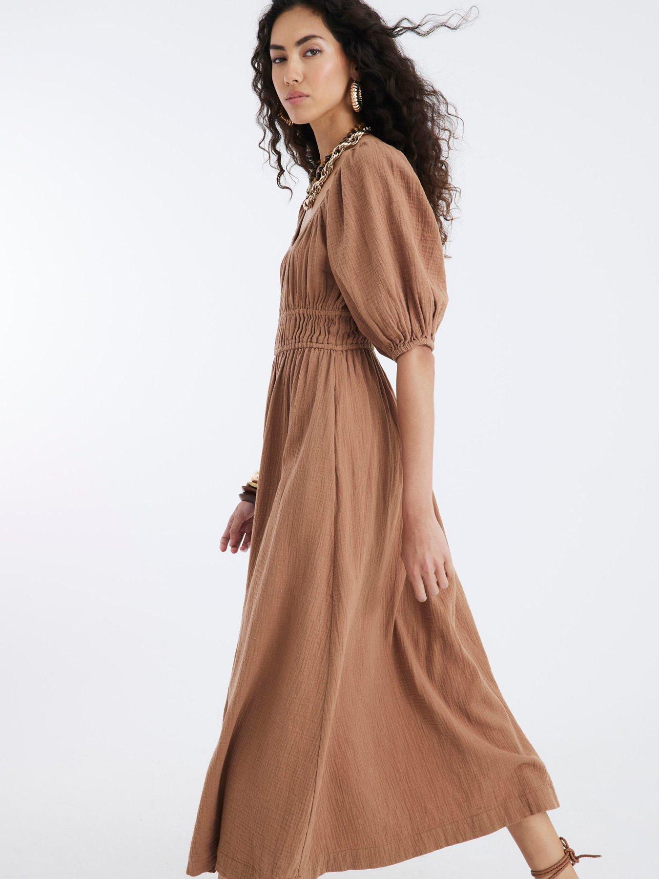 Image 2 of 4 of River Island Short Sleeve Double Faced Midi Dress - Brown