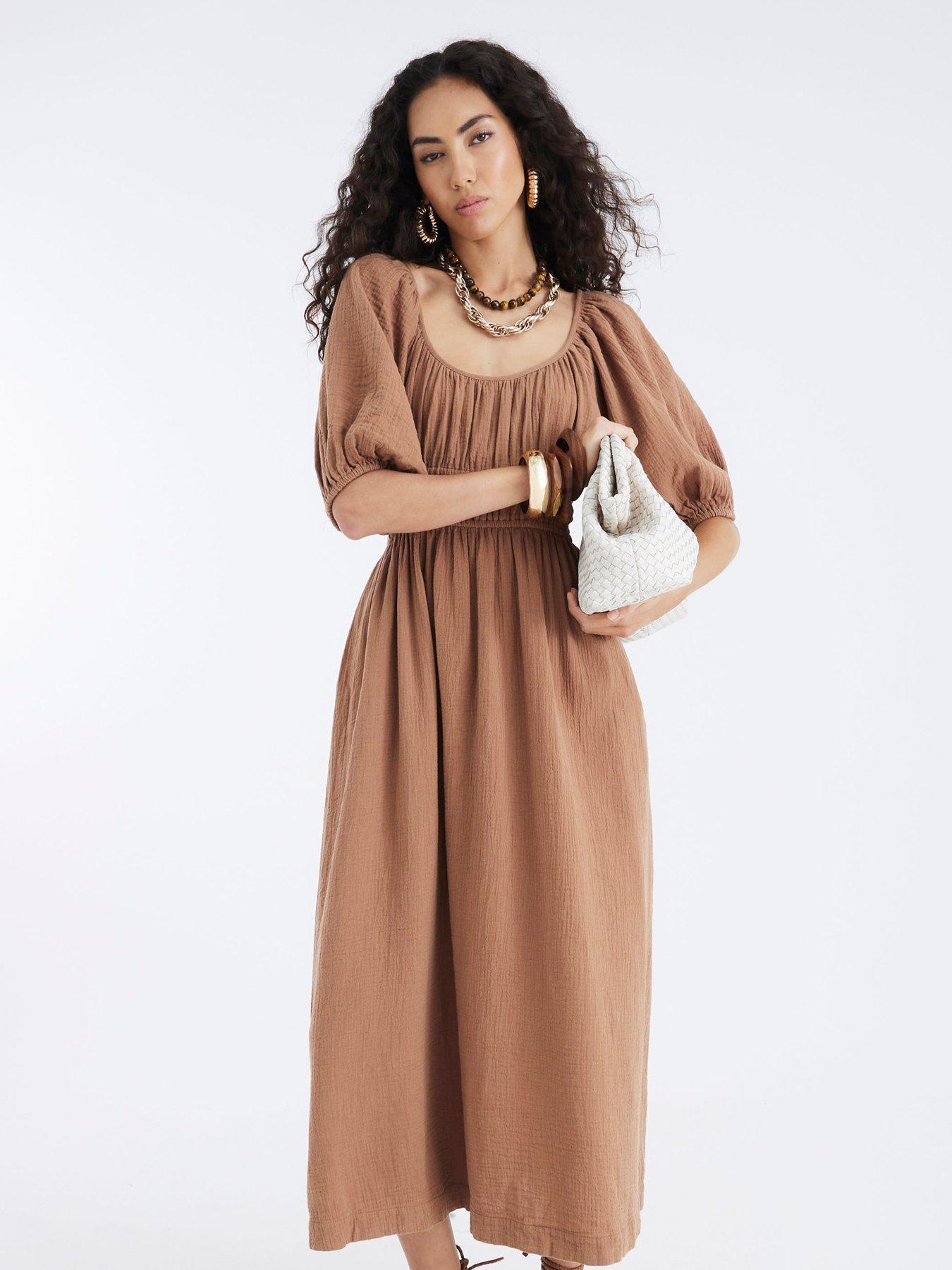 Image 3 of 4 of River Island Short Sleeve Double Faced Midi Dress - Brown