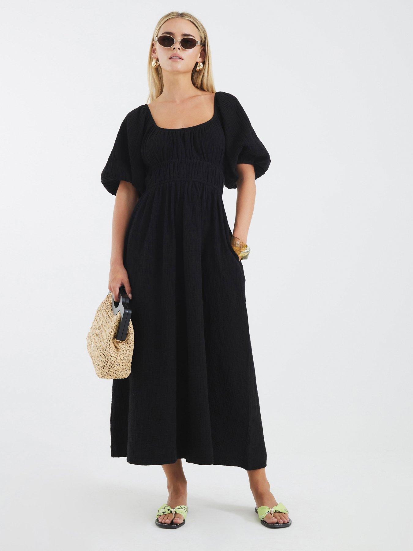 undefined Petite Short Sleeve Linen Midi Dress - Black