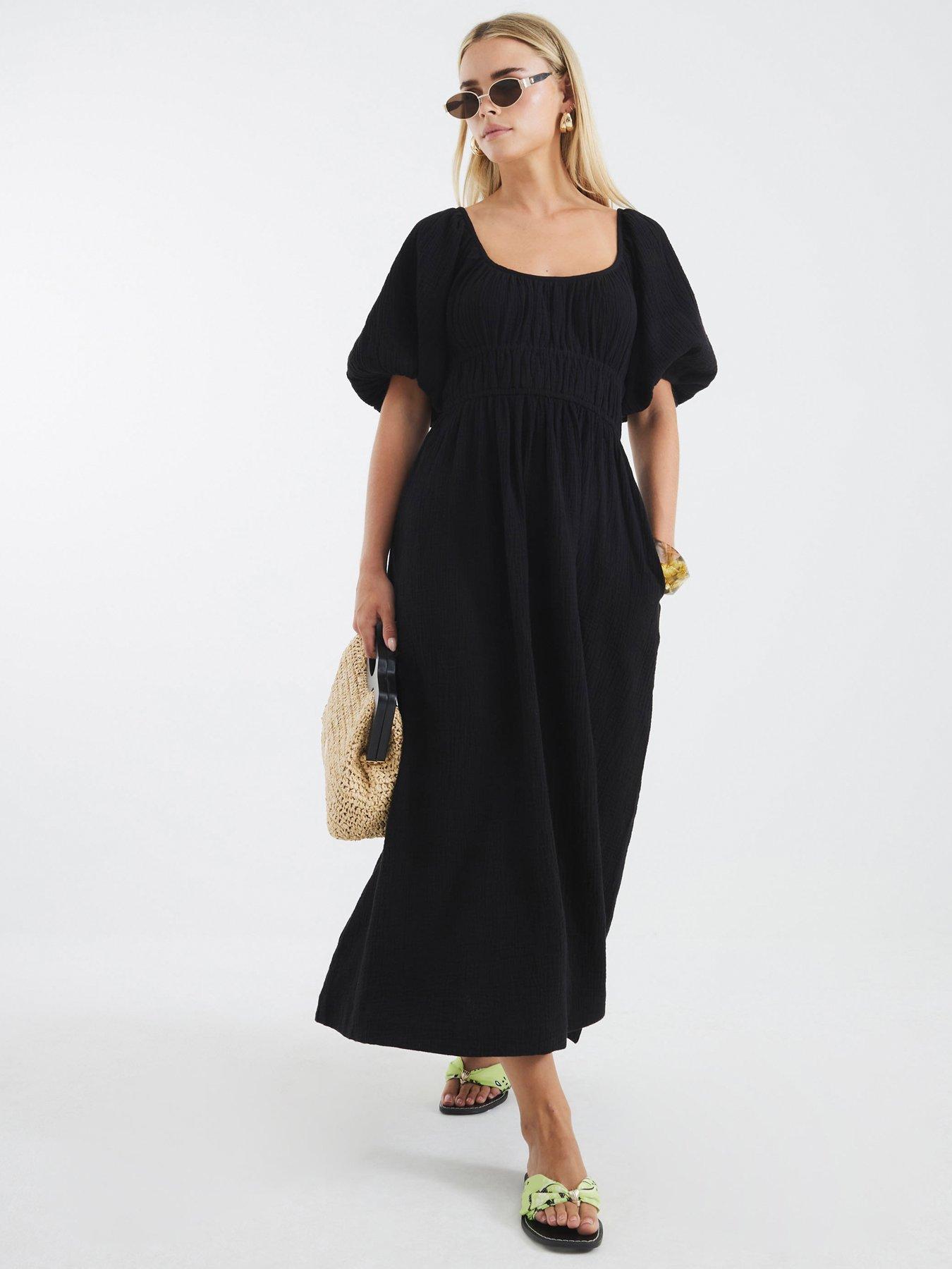 River Island Petite Short Sleeve Linen Midi Dress - Black | Littlewoods