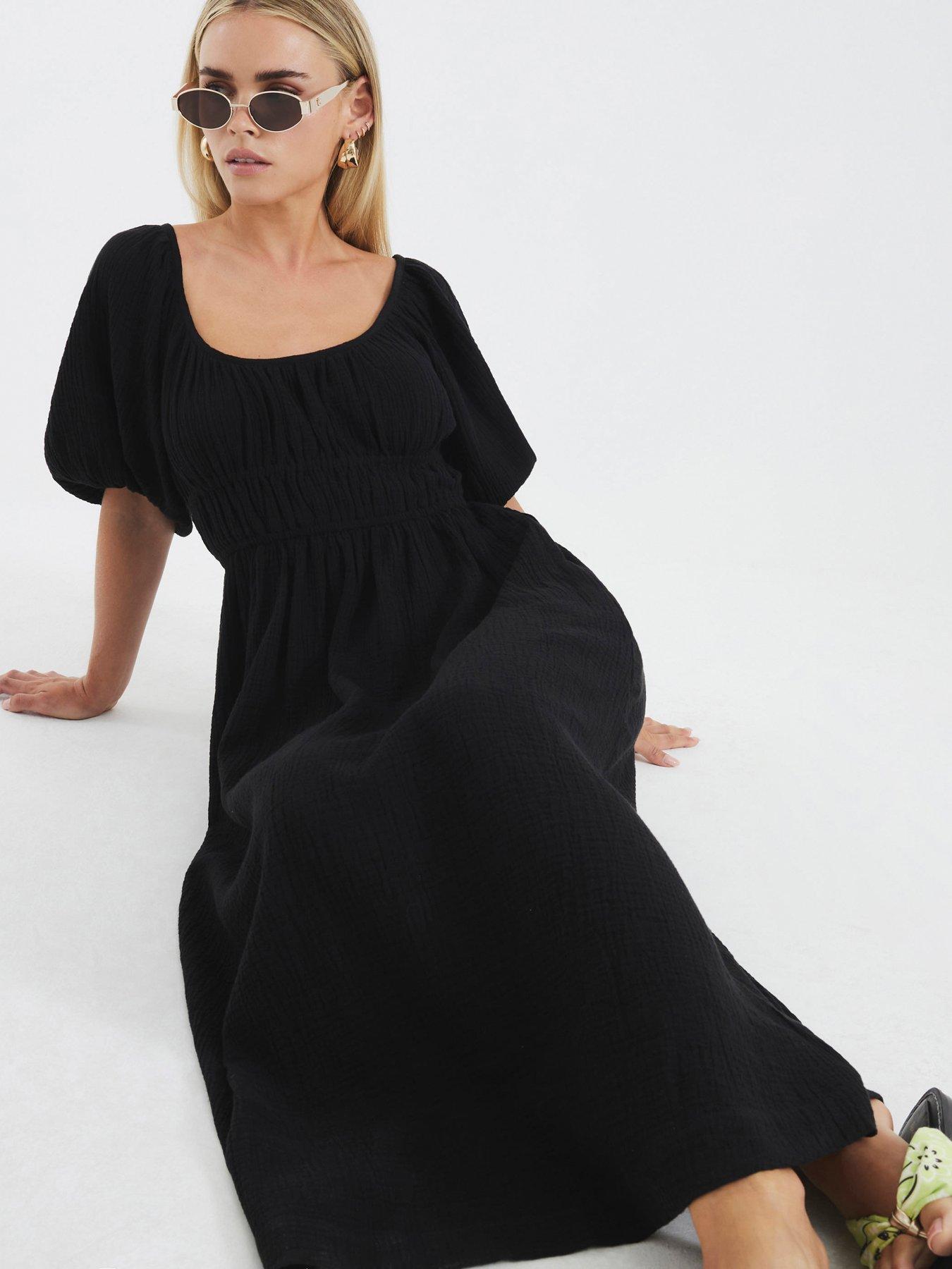 River Island Petite Short Sleeve Linen Midi Dress - Black | Littlewoods