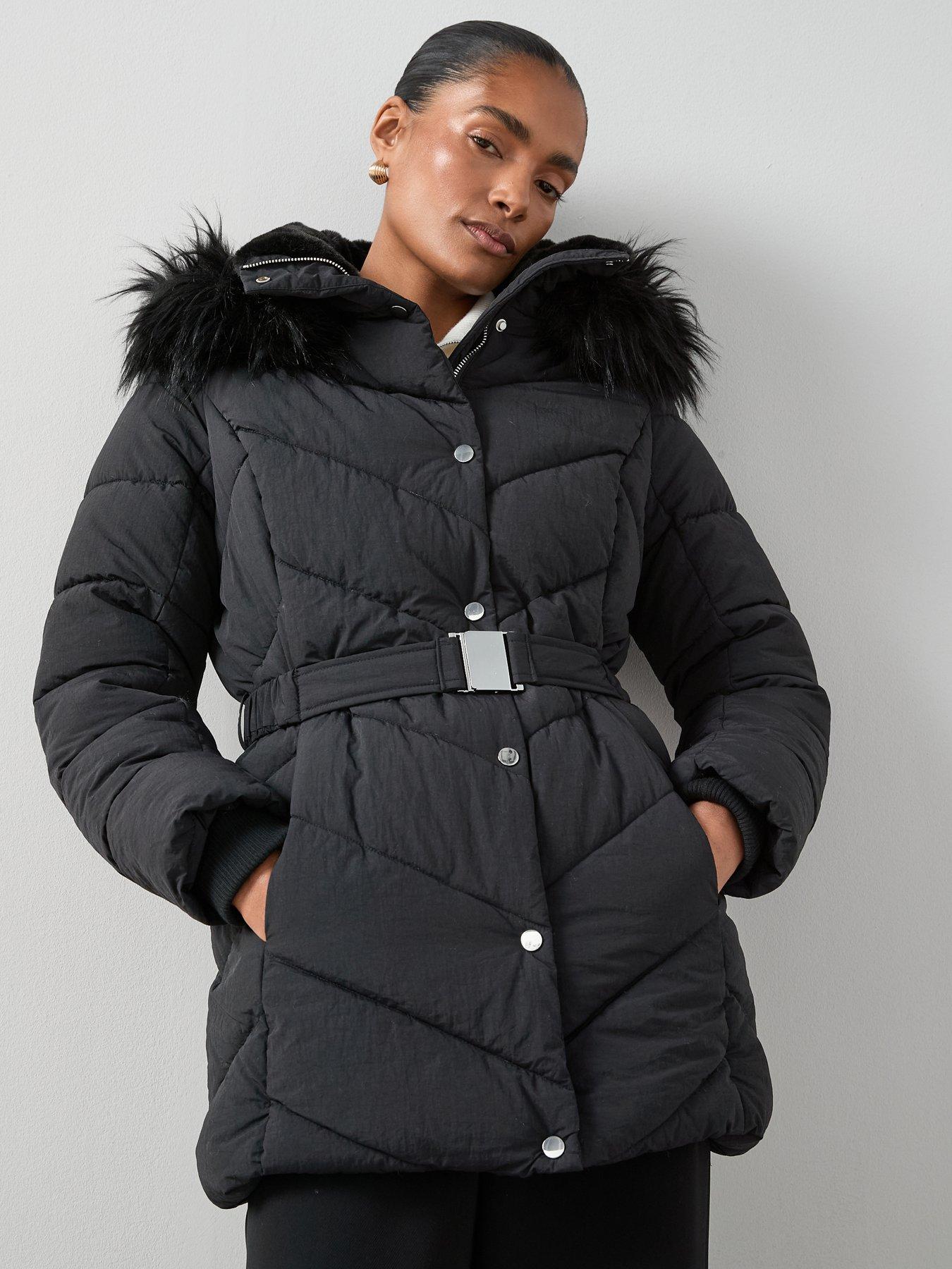 undefined Padded Short Coat With Faux Fur Trim - Black
