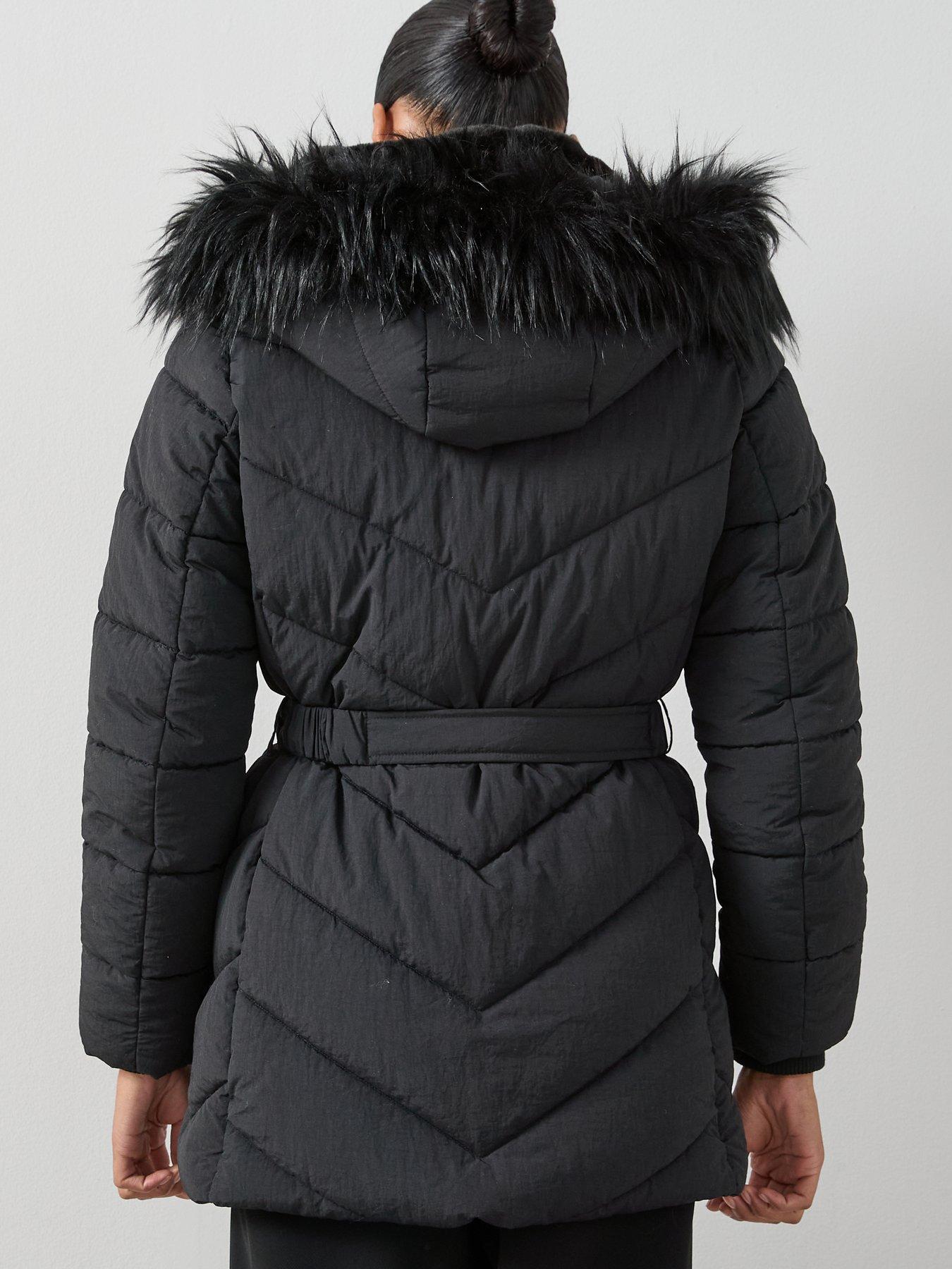 Image 2 of 6 of The Very Collection Padded Short Coat With Faux Fur Trim - Black