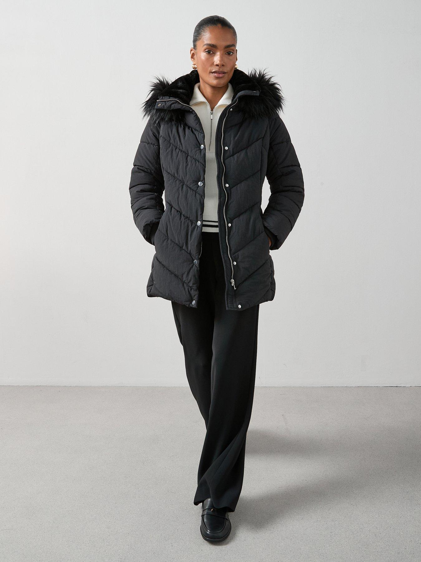 Image 3 of 6 of The Very Collection Padded Short Coat With Faux Fur Trim - Black