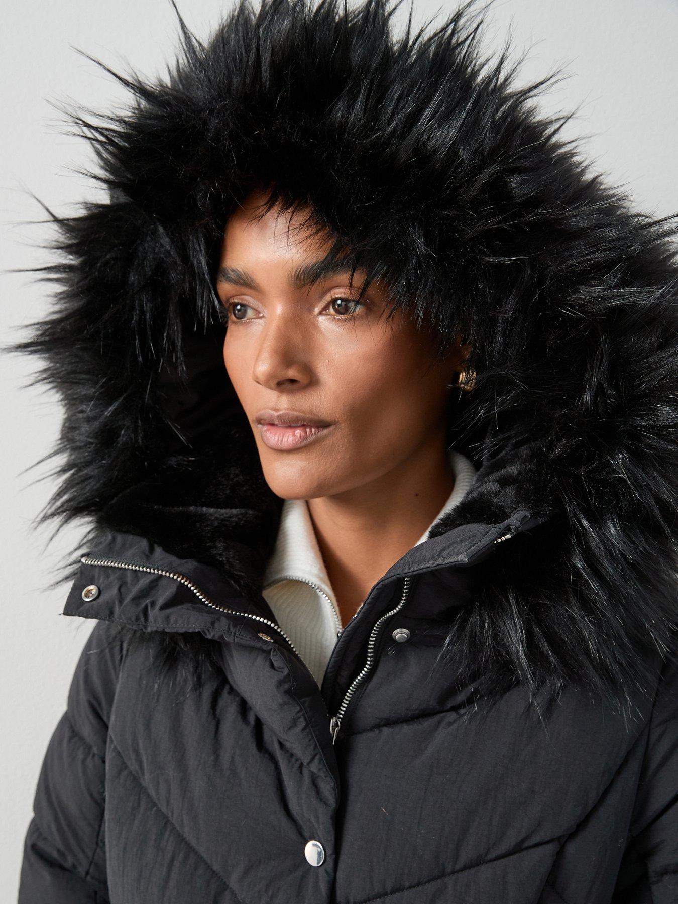 Image 4 of 6 of The Very Collection Padded Short Coat With Faux Fur Trim - Black