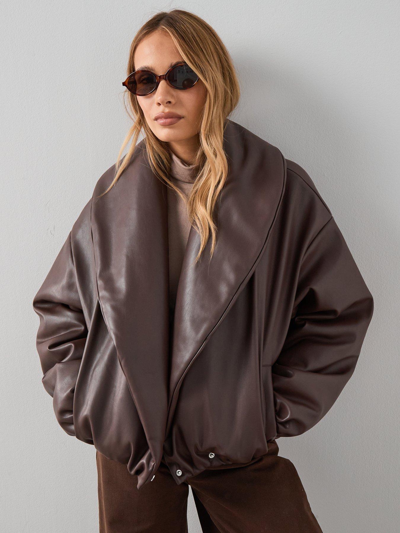  image of the-very-collection-faux-leather-shawl-collar-padded-coat-burgundy