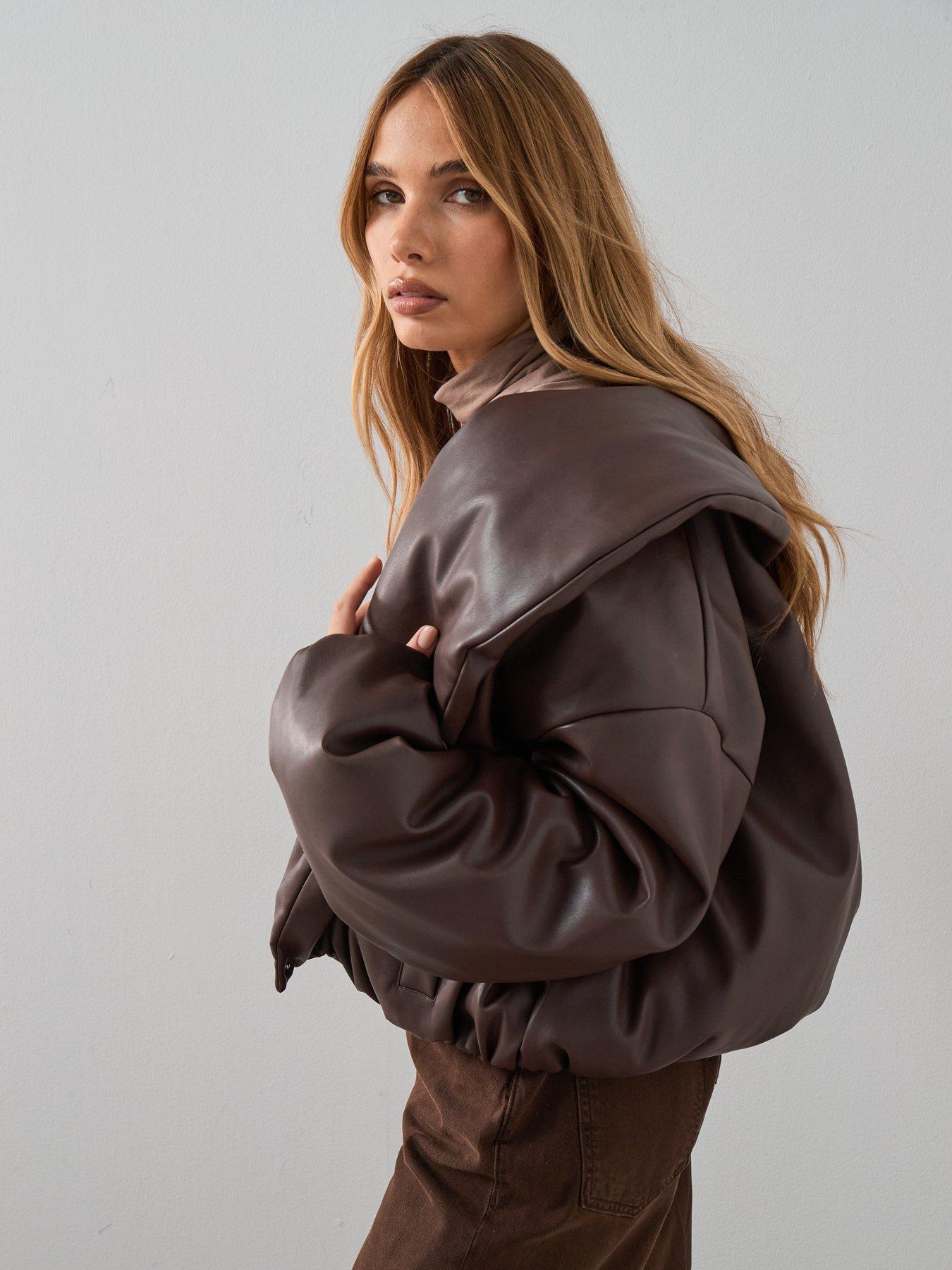  image of the-very-collection-faux-leather-shawl-collar-padded-coat-burgundy