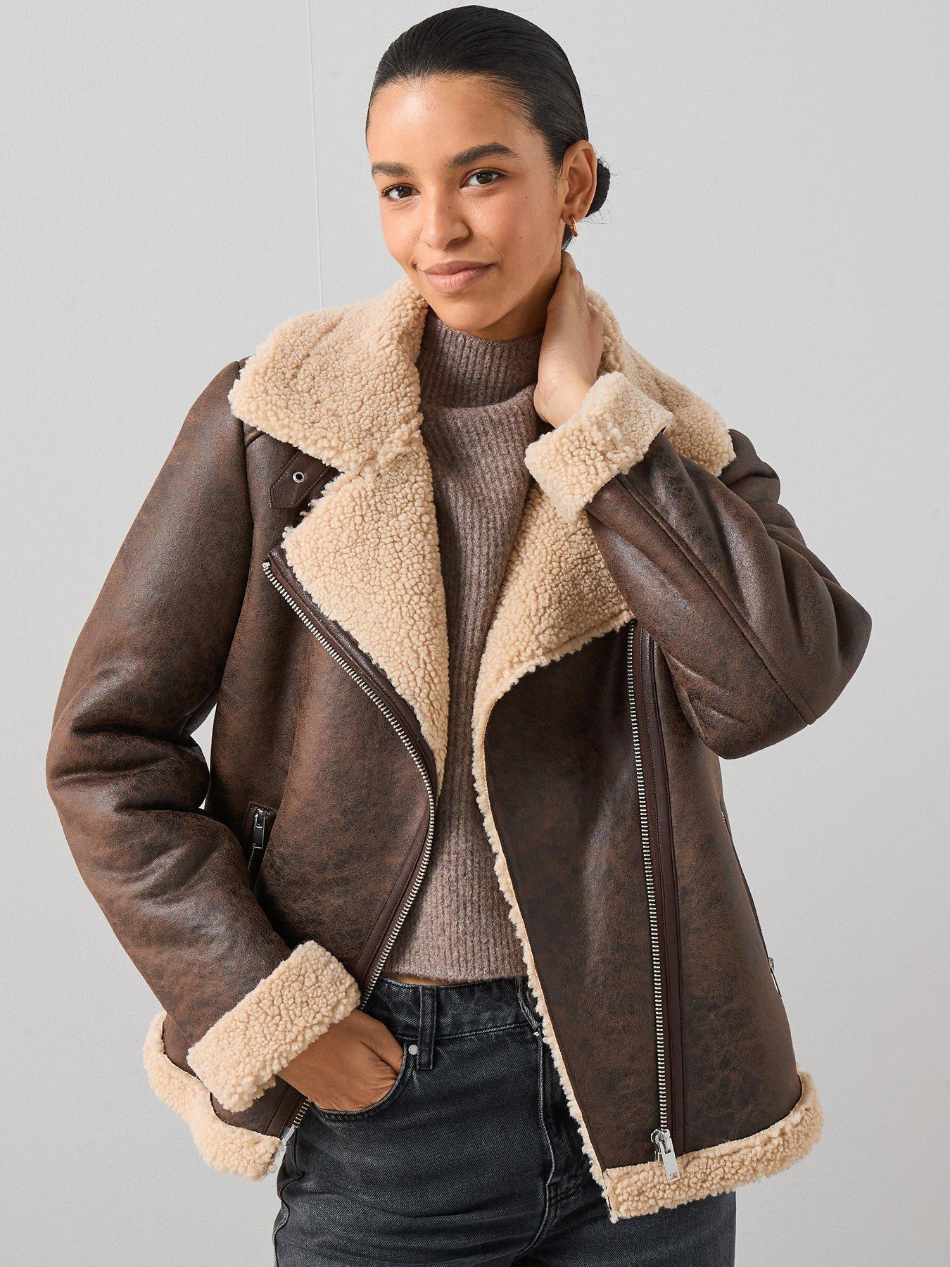 undefined Faux Shearling Distressed Aviator Jacket - Brown