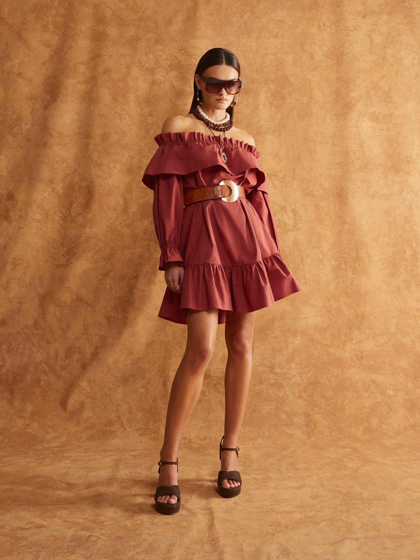 Image 1 of 4 of River Island Frill Mini Bardot Dress - Brown