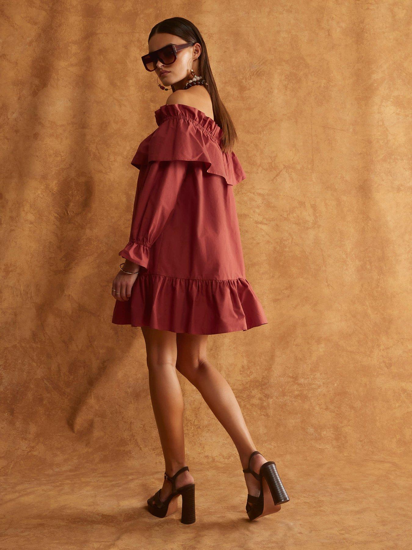 Image 2 of 4 of River Island Frill Mini Bardot Dress - Brown