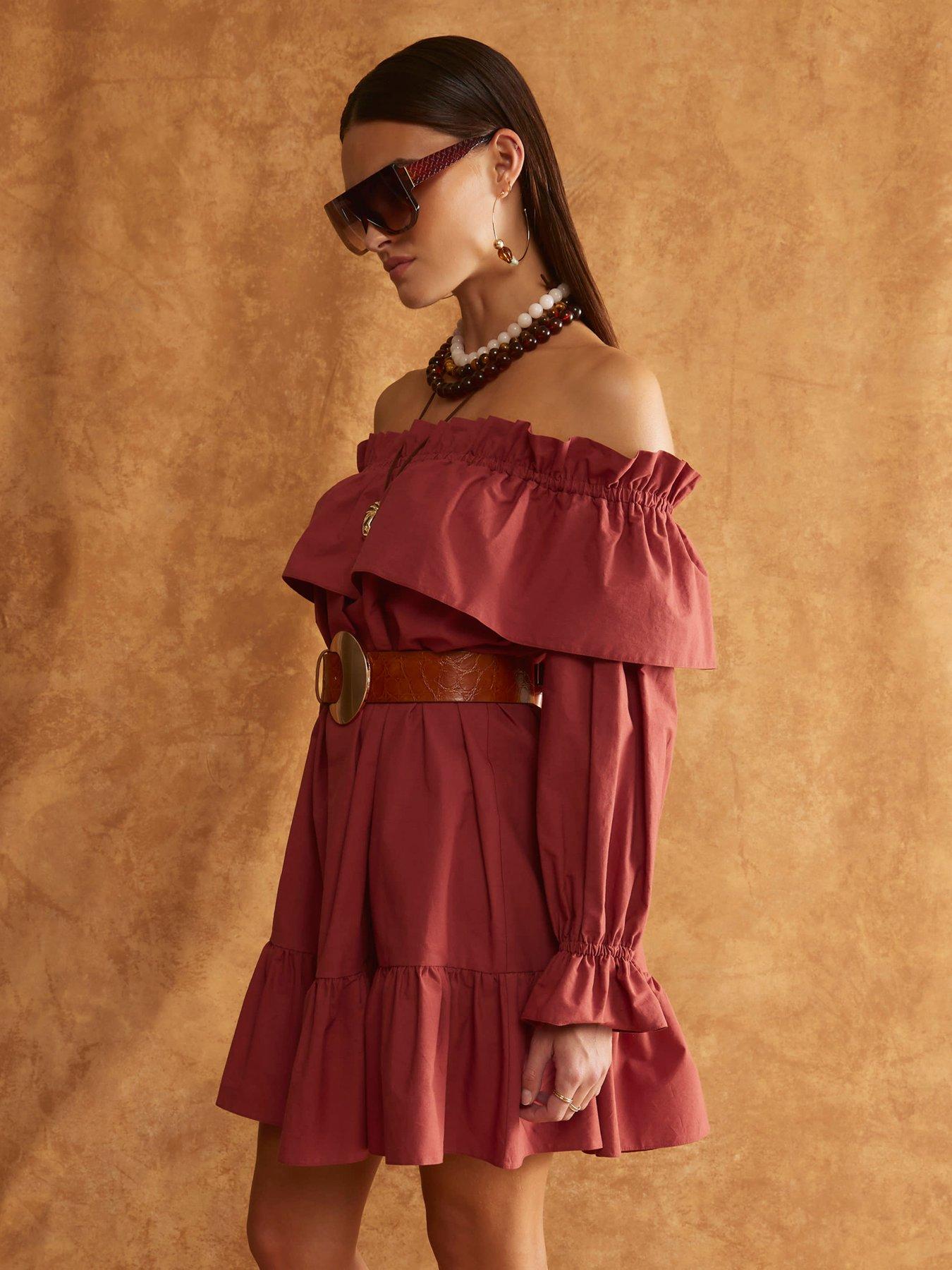 Image 3 of 4 of River Island Frill Mini Bardot Dress - Brown