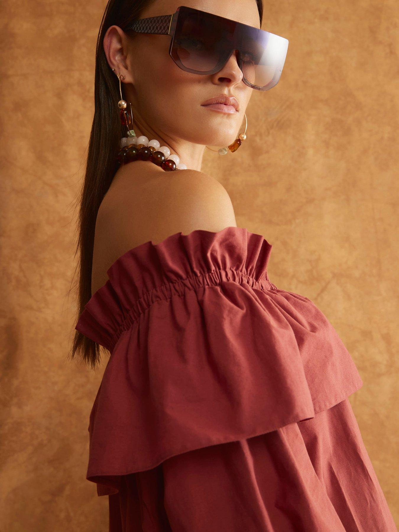 Image 4 of 4 of River Island Frill Mini Bardot Dress - Brown