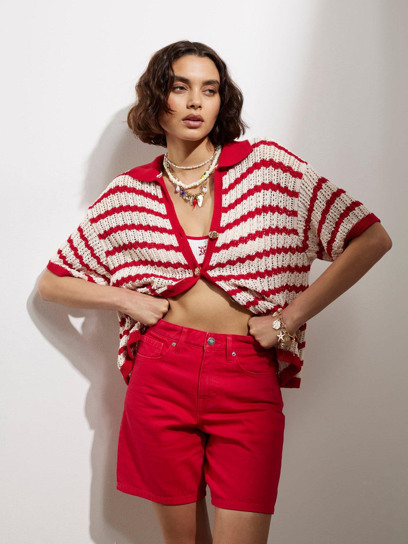 River Island Stripe Crochet Polo Top - Red