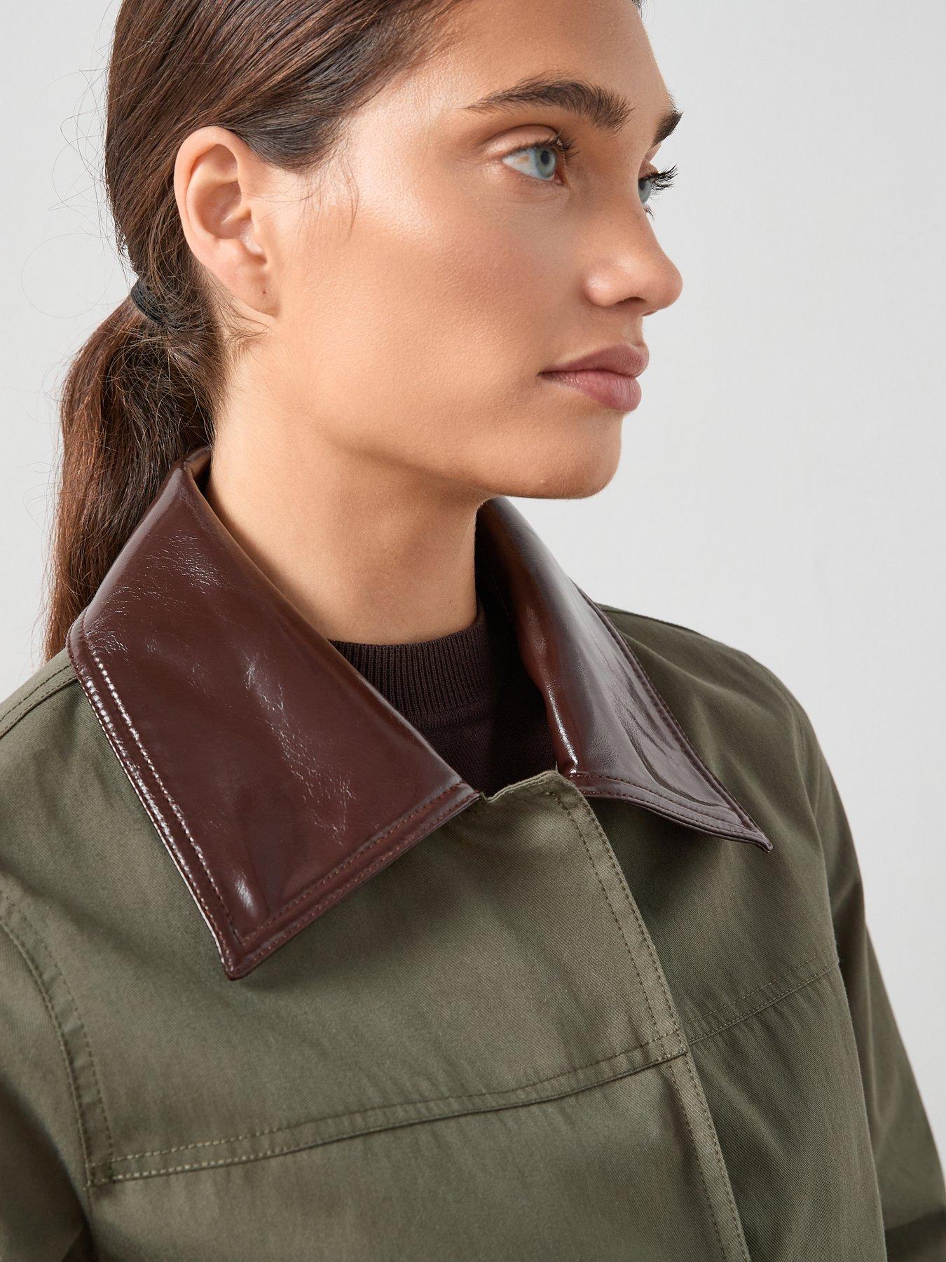 Image 4 of 7 of The Very Collection Contrast Collar And Cuff Barn Jacket&nbsp;- Khaki