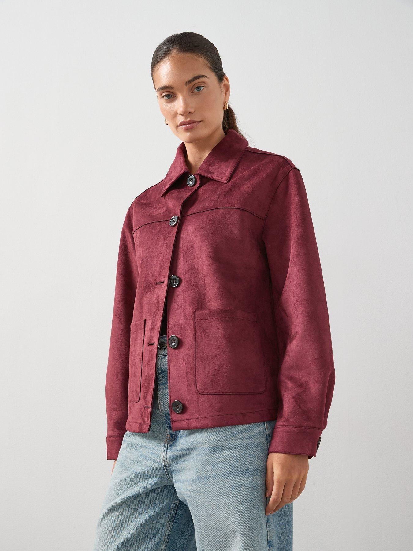 undefined Faux Suede Button Front Jacket - Burgundy