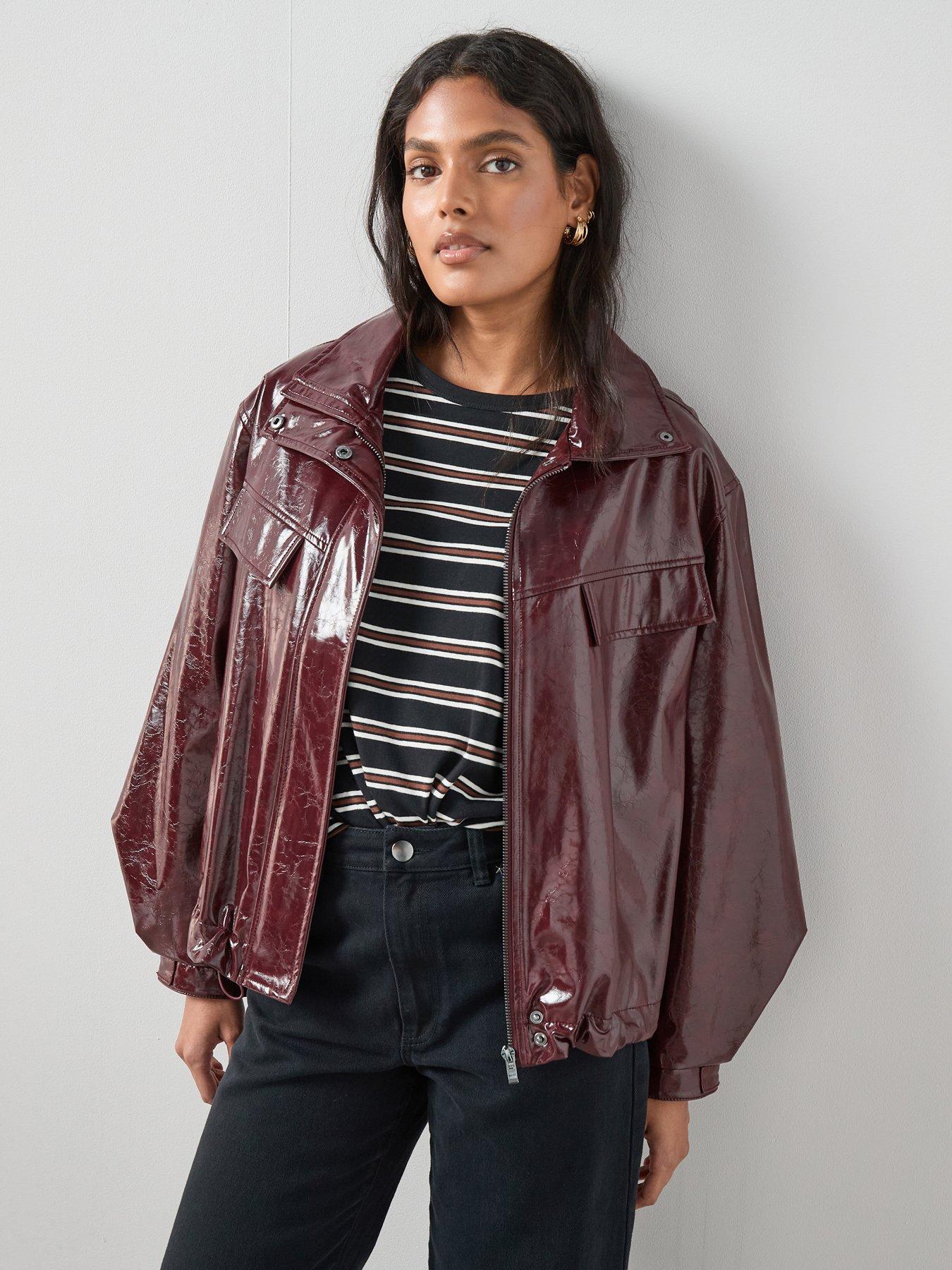 undefined Faux Leather High Shine Bomber Jacket - Burgundy