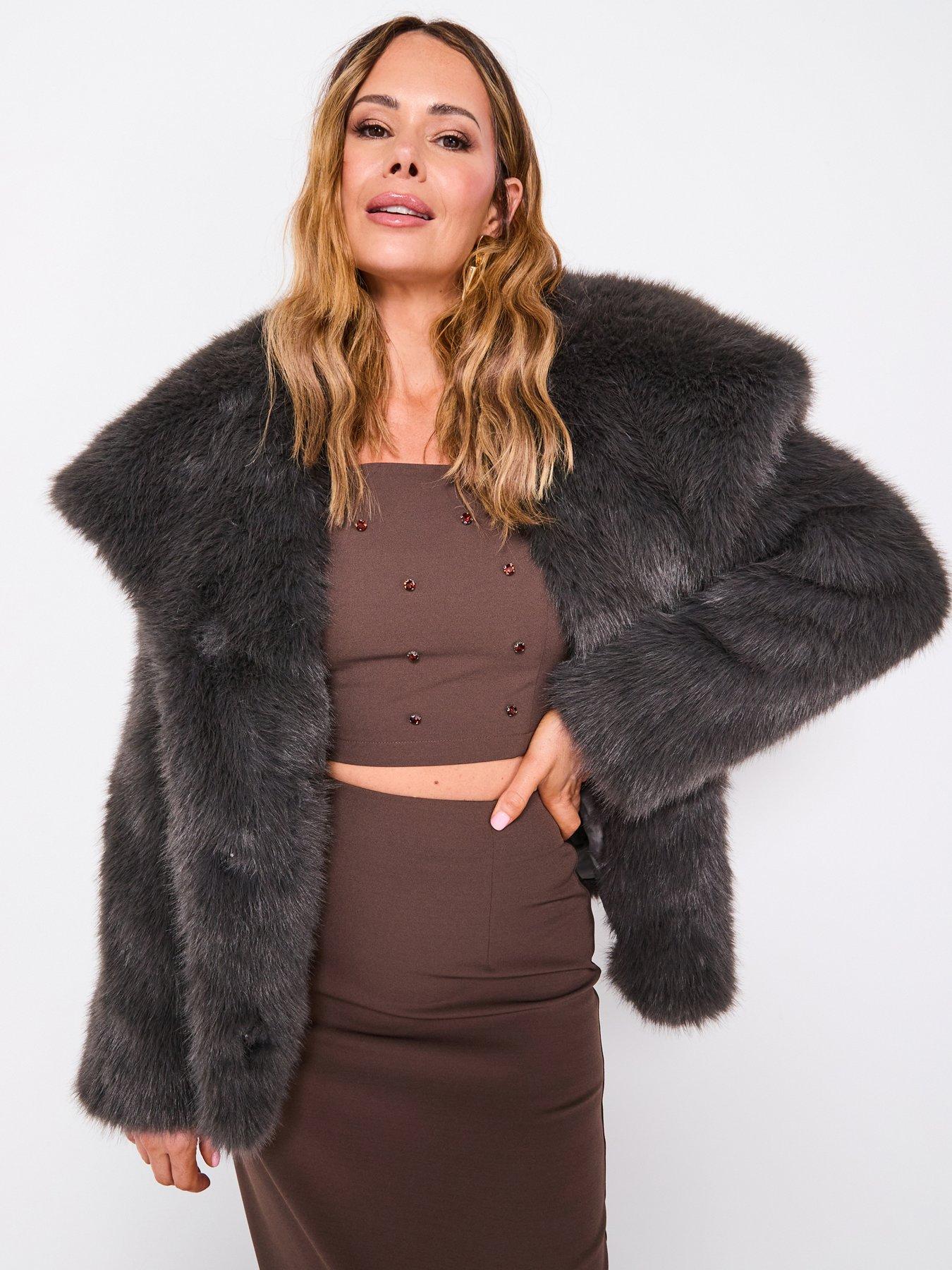 The Very Collection X Carol Byrne Shawl Collar Faux Fur Coat - Grey