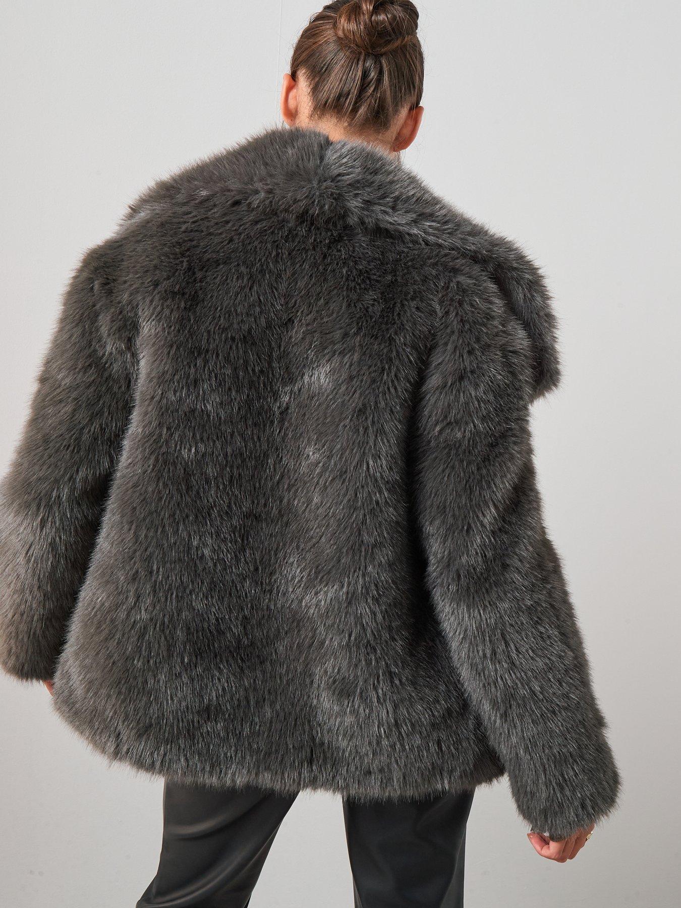  image of the-very-collection-shawl-collar-faux-fur-coat-grey