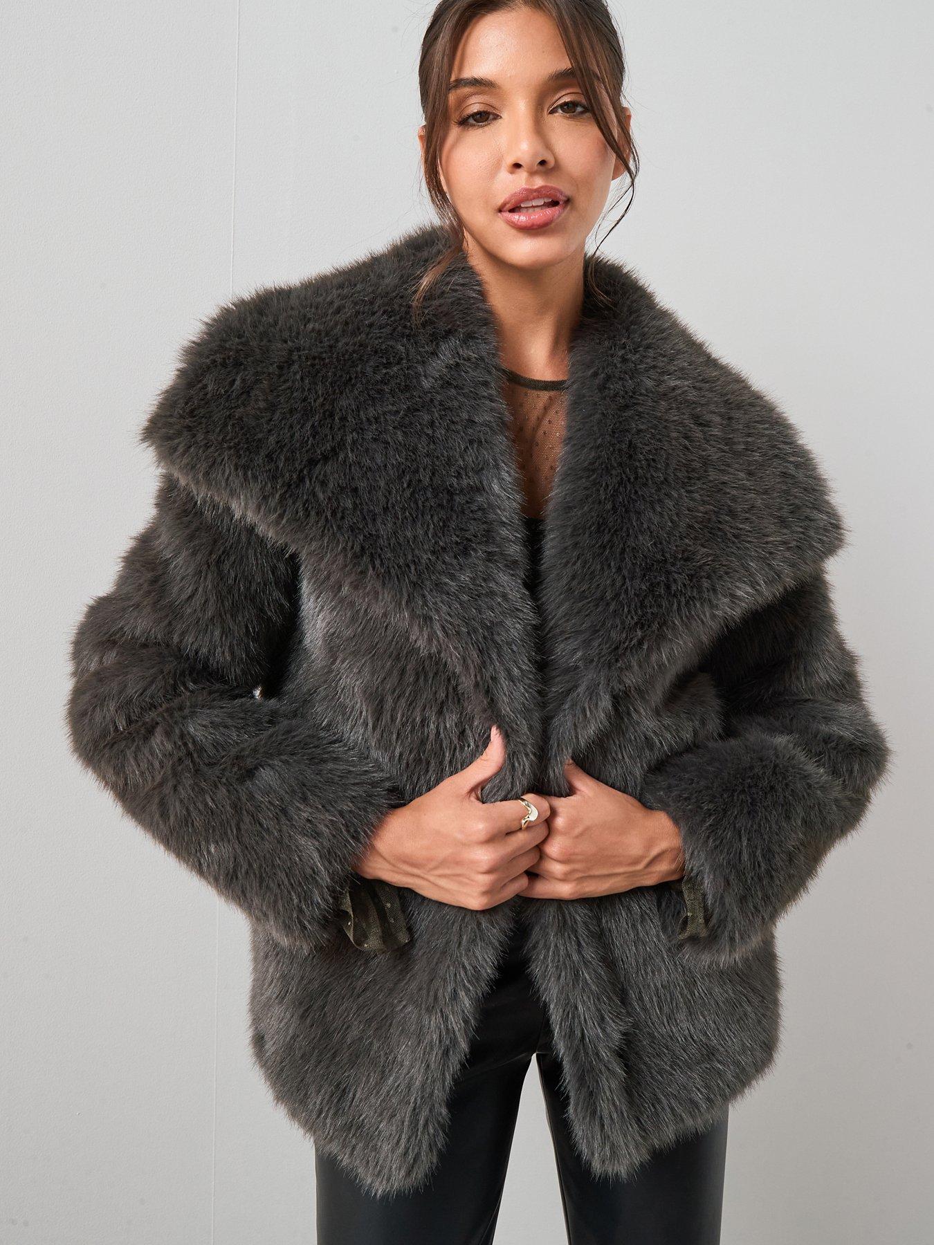 Image 4 of 6 of The Very Collection Shawl Collar Faux Fur Coat - Grey