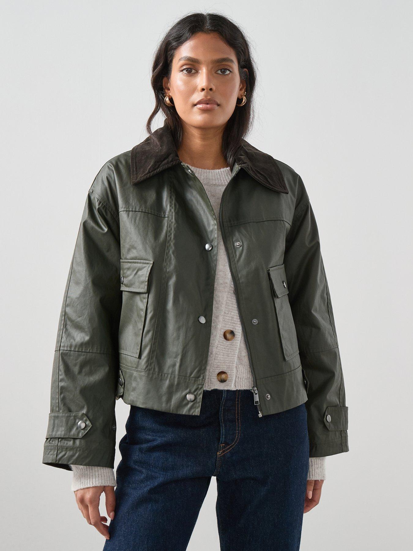undefined Cord Detail Waxed Barn Jacket - Khaki