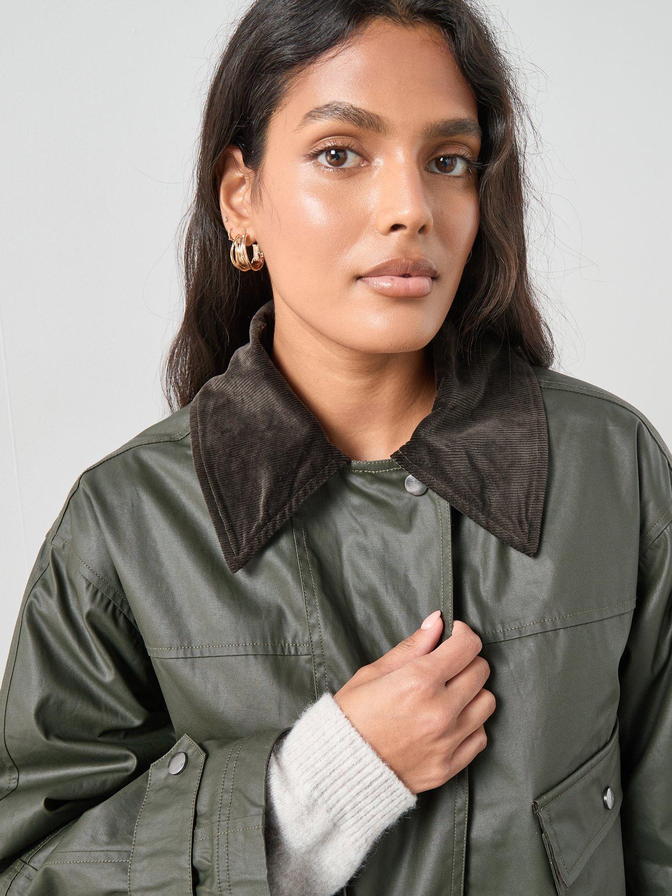 Image 4 of 7 of The Very Collection Cord Detail Waxed Barn Jacket - Khaki