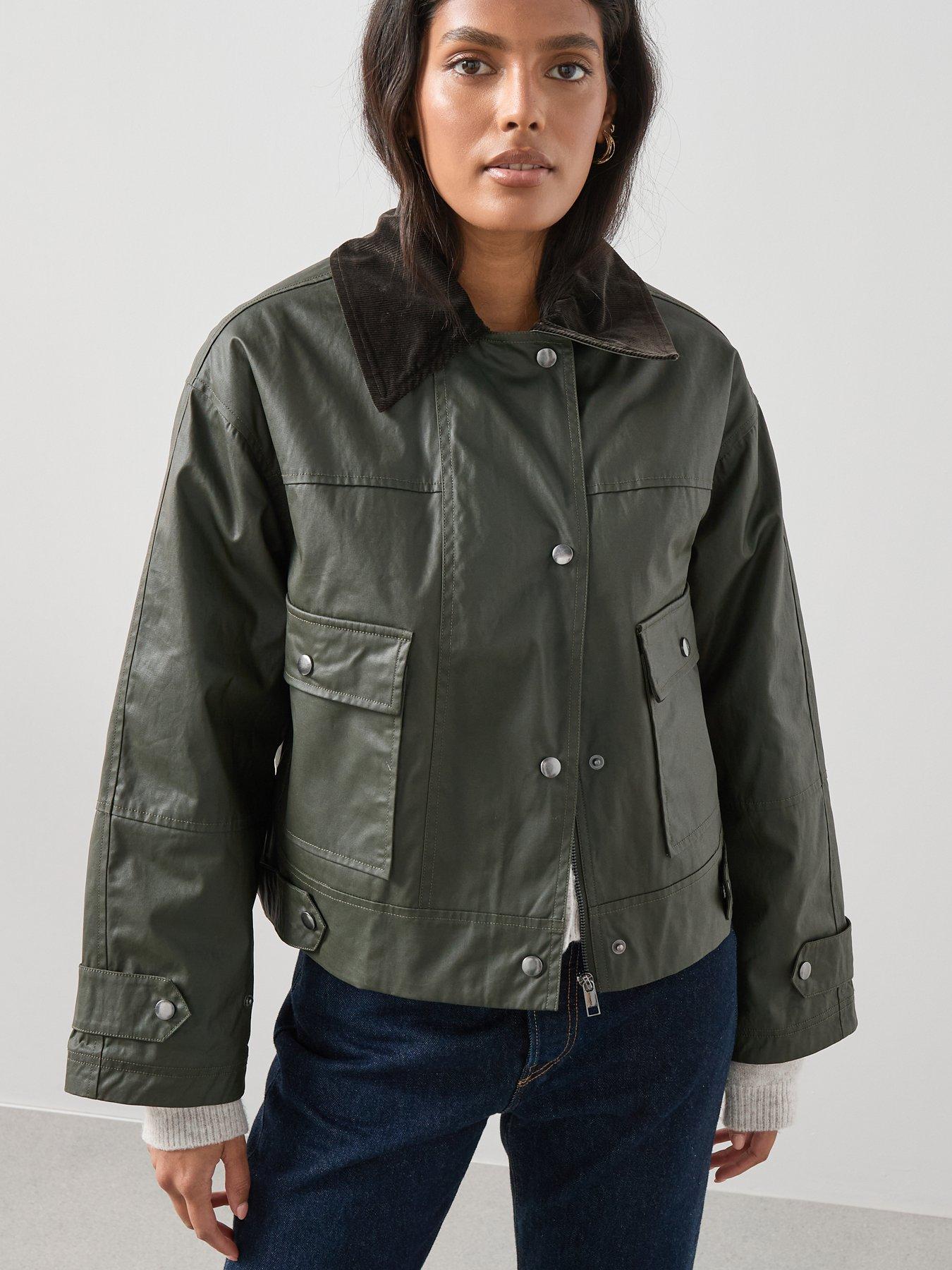 Image 5 of 7 of The Very Collection Cord Detail Waxed Barn Jacket - Khaki