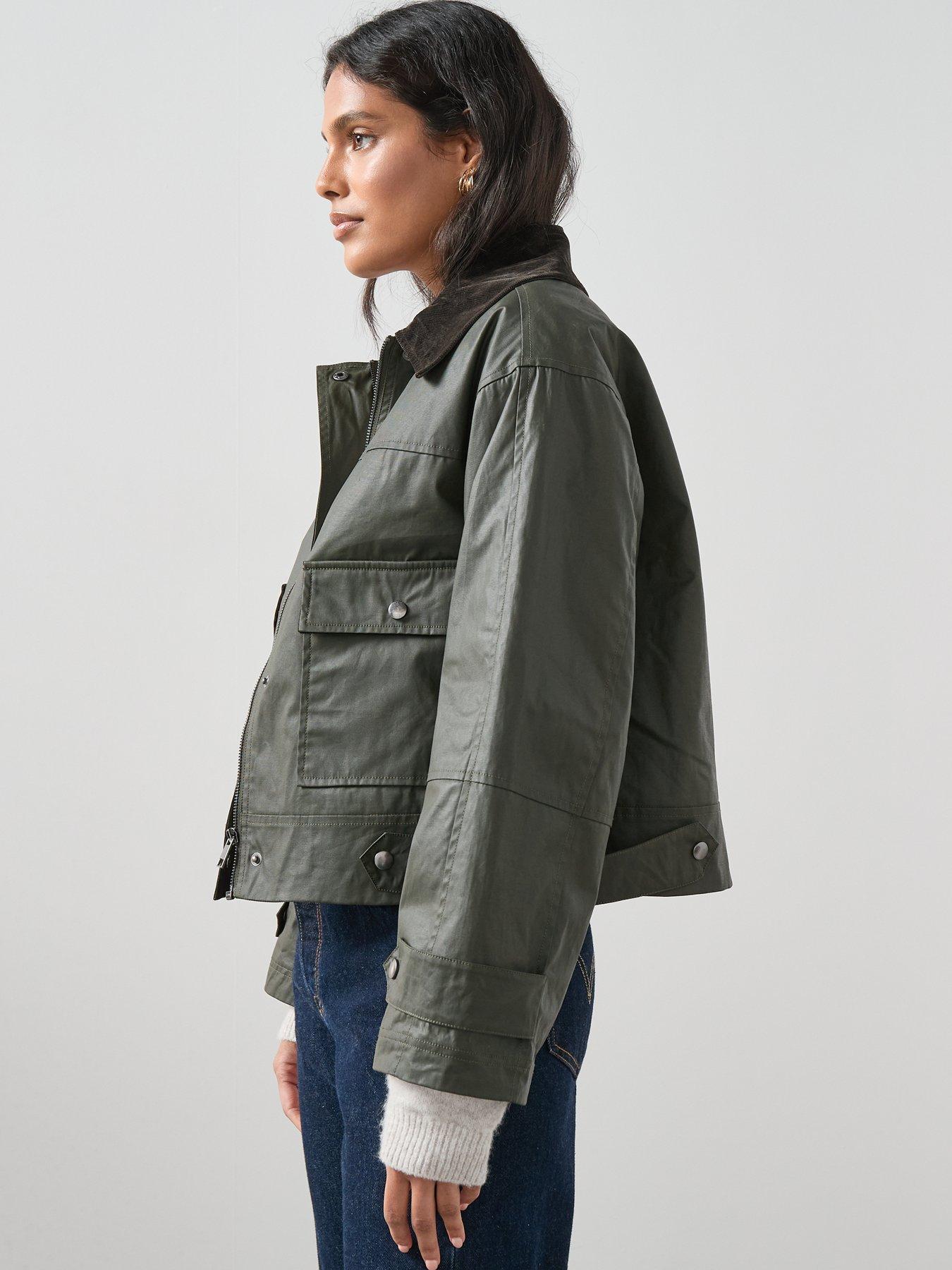 Image 6 of 7 of The Very Collection Cord Detail Waxed Barn Jacket - Khaki