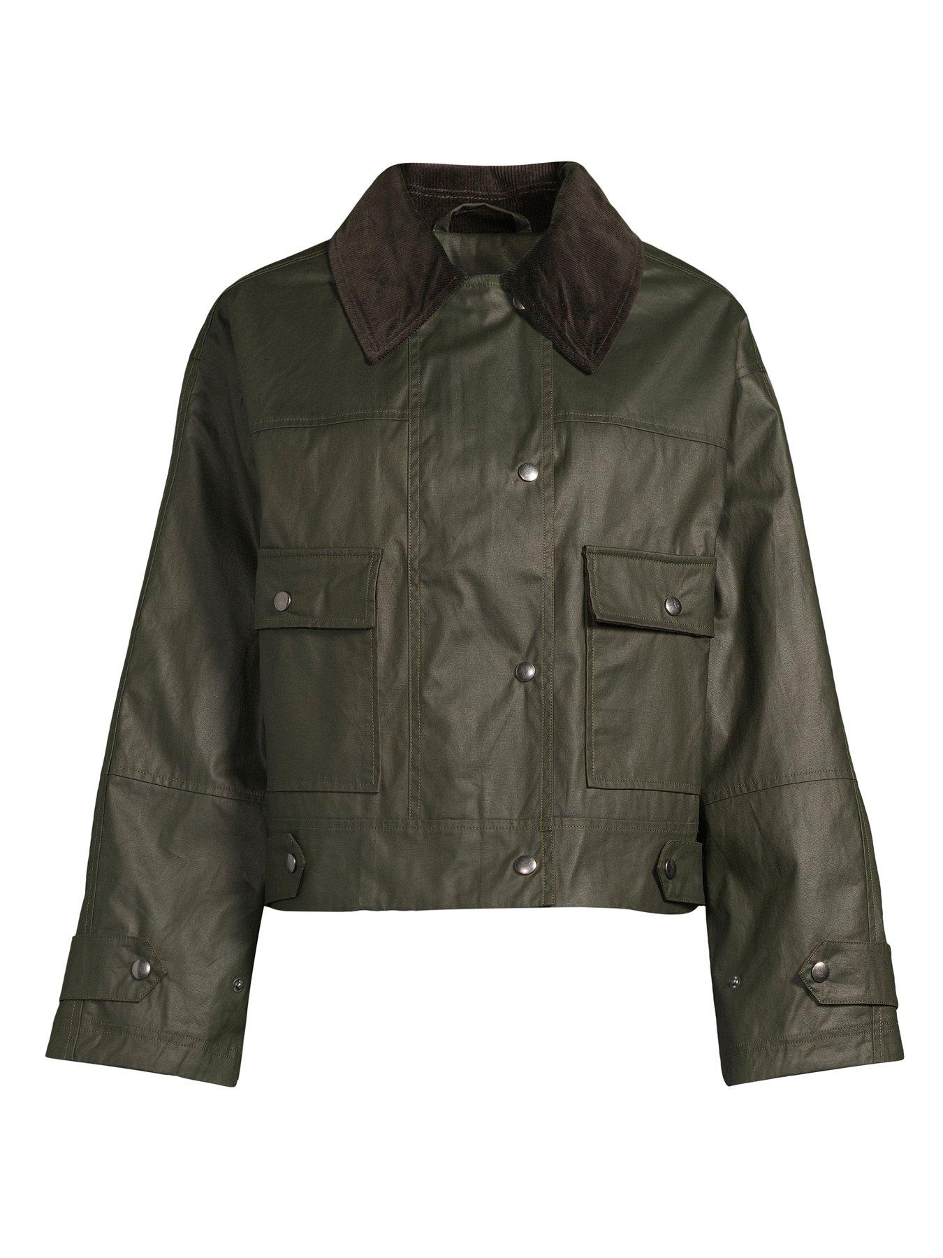 Image 7 of 7 of The Very Collection Cord Detail Waxed Barn Jacket - Khaki