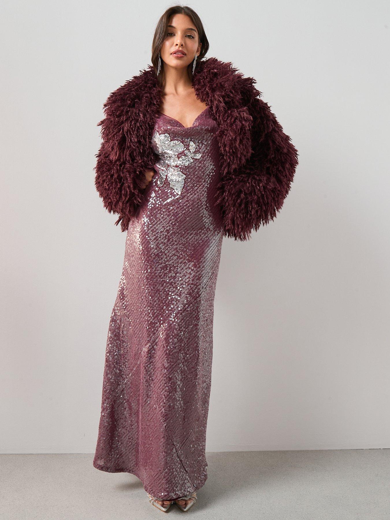 undefined Mongolian Faux Fur Coat - Burgundy