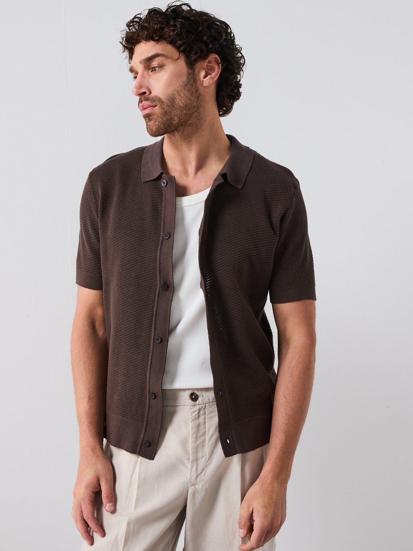  image of mango-canario-smart-button-up-knitted-polo-shirt-beige