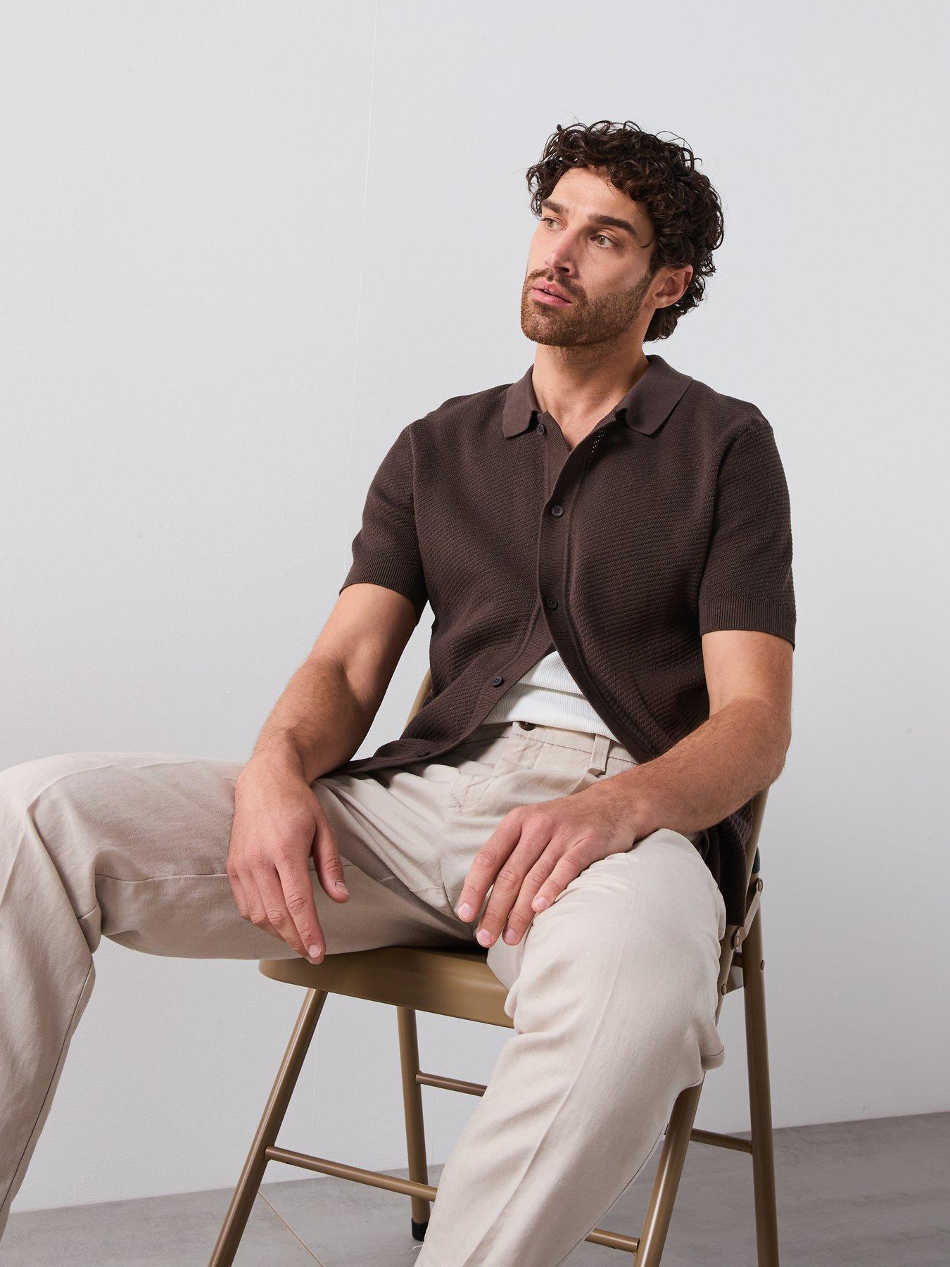  image of mango-canario-smart-button-up-knitted-polo-shirt-beige