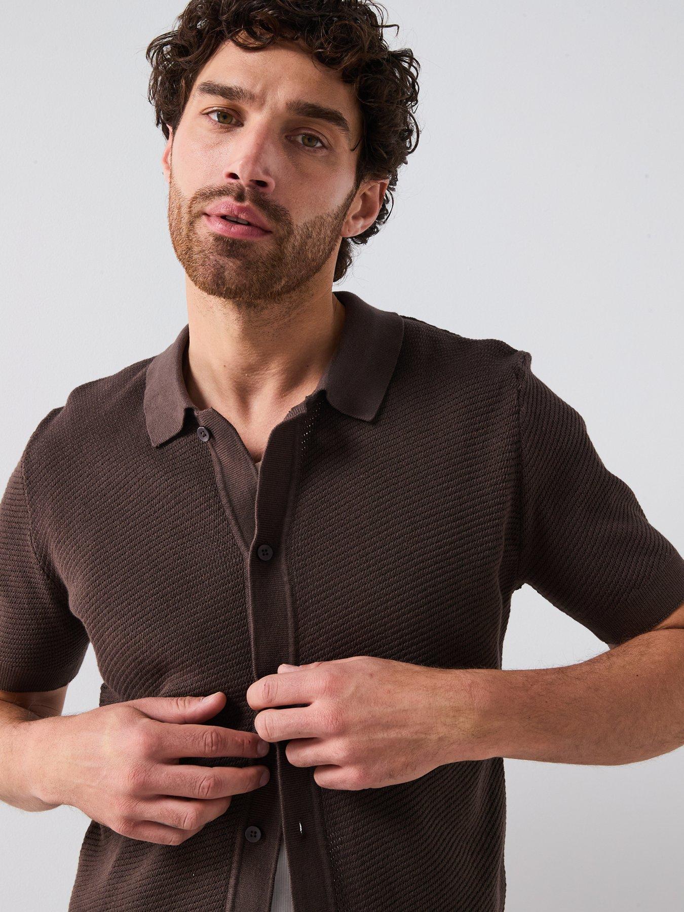  image of mango-canario-smart-button-up-knitted-polo-shirt-beige