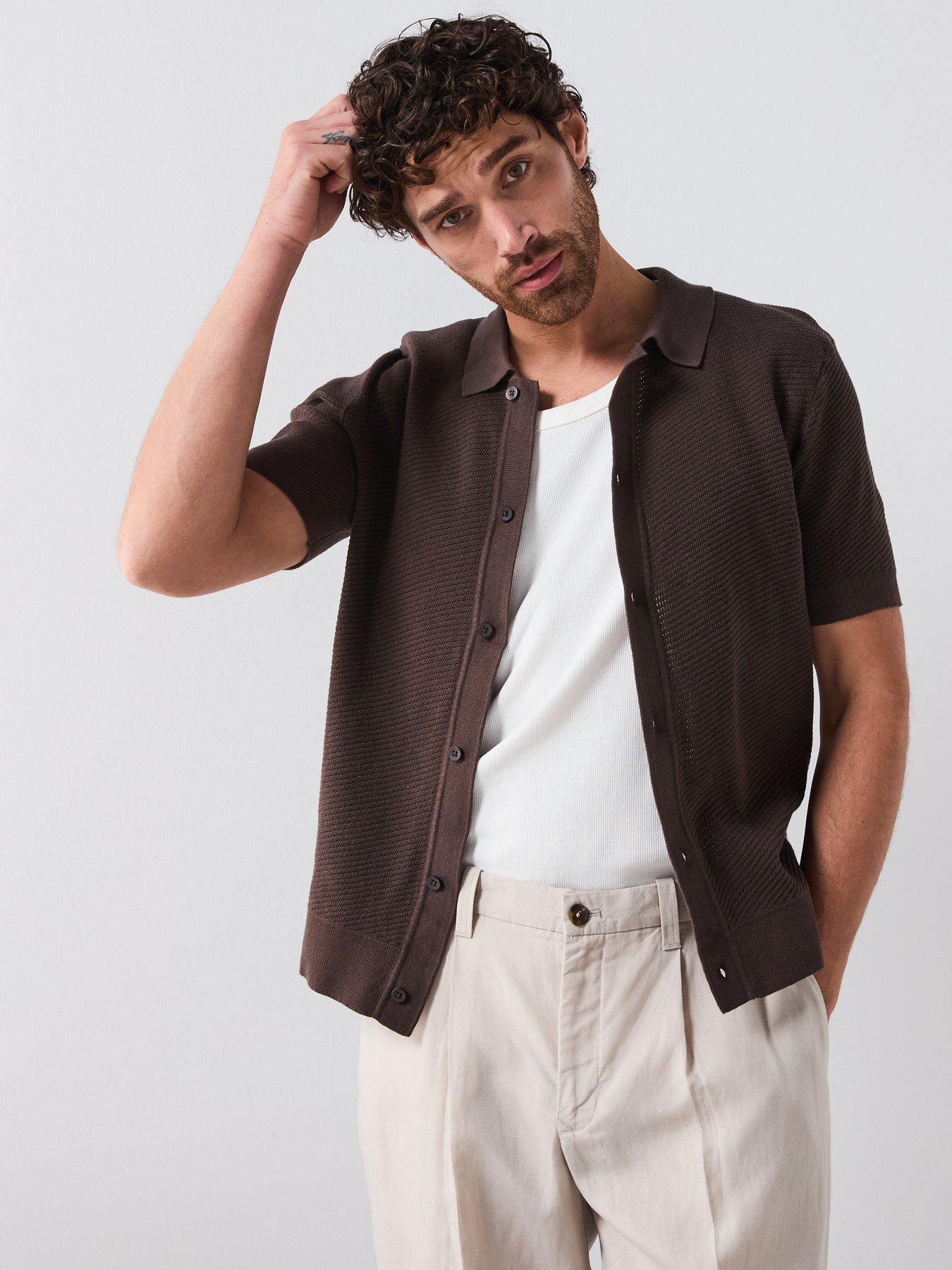  image of mango-canario-smart-button-up-knitted-polo-shirt-beige