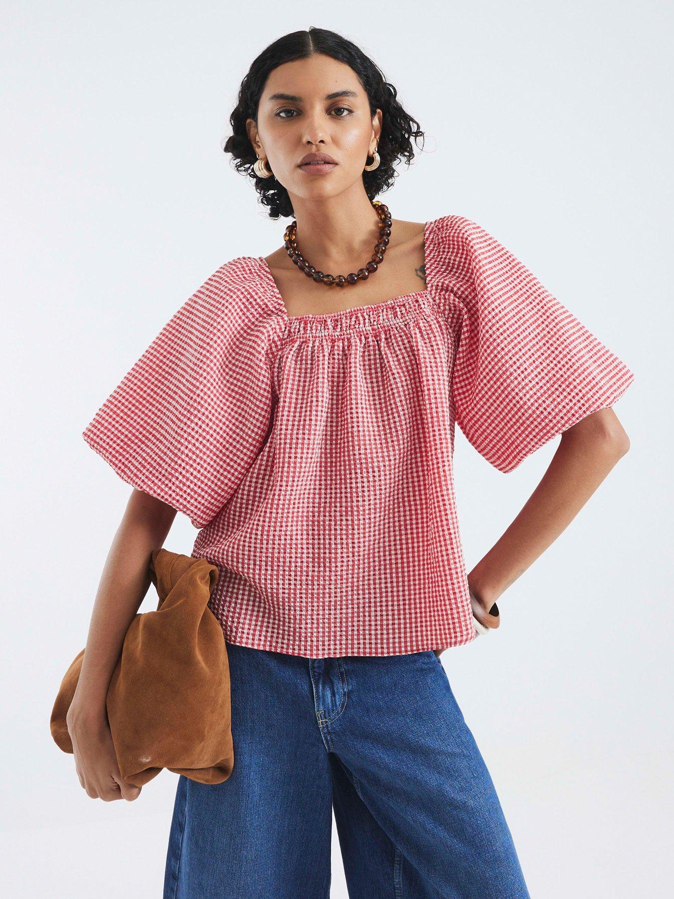 undefined Print Puff Sleeve Detail Top - Red