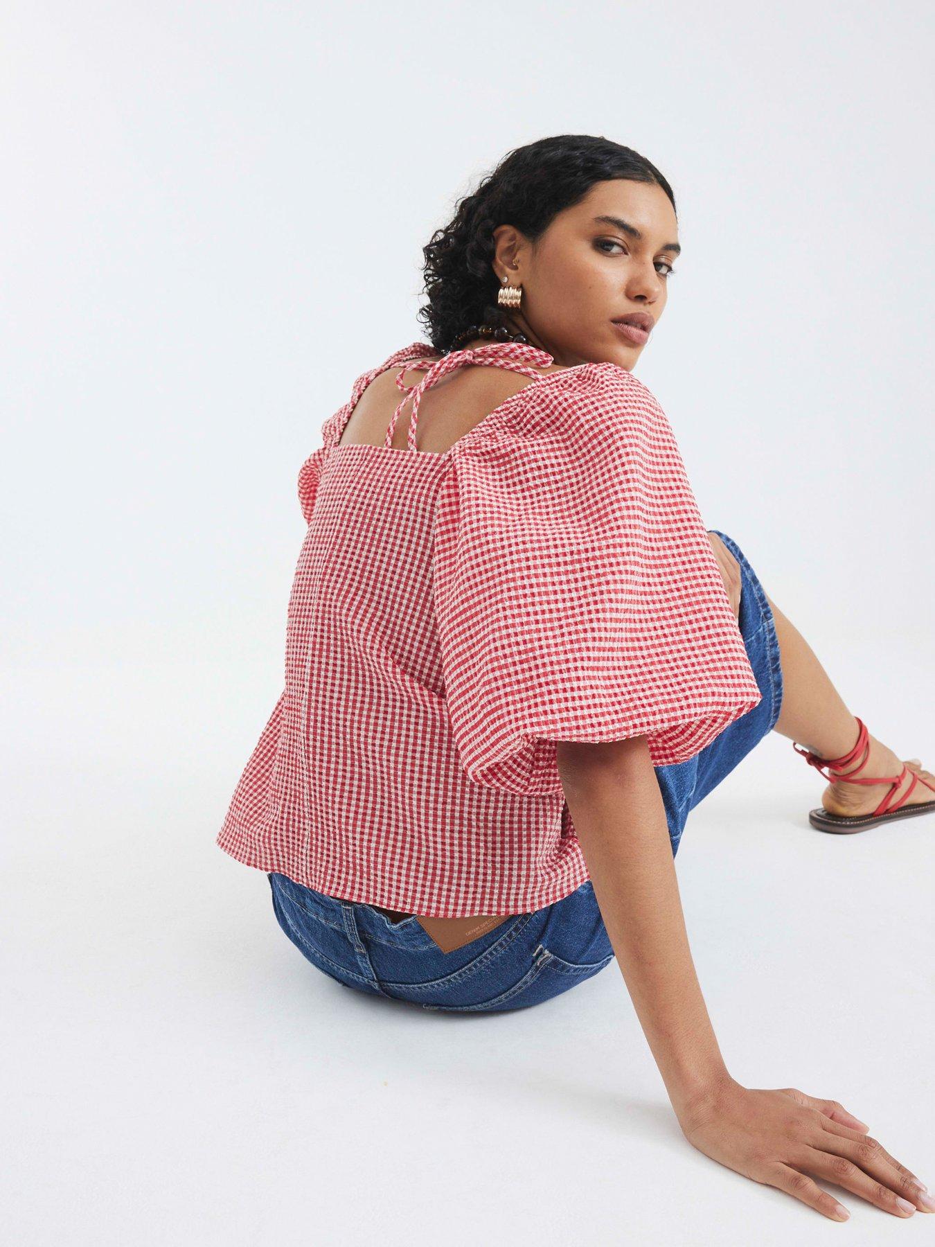 stillFront image of river-island-print-puff-sleeve-detail-top-red