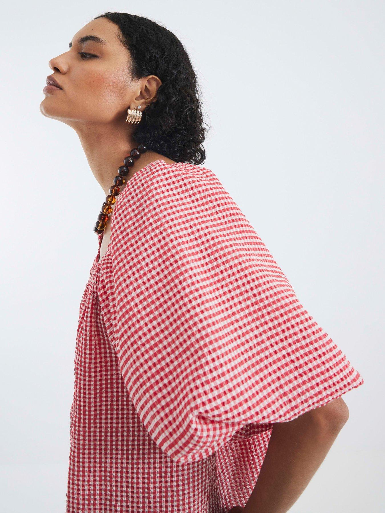  image of river-island-print-puff-sleeve-detail-top-red