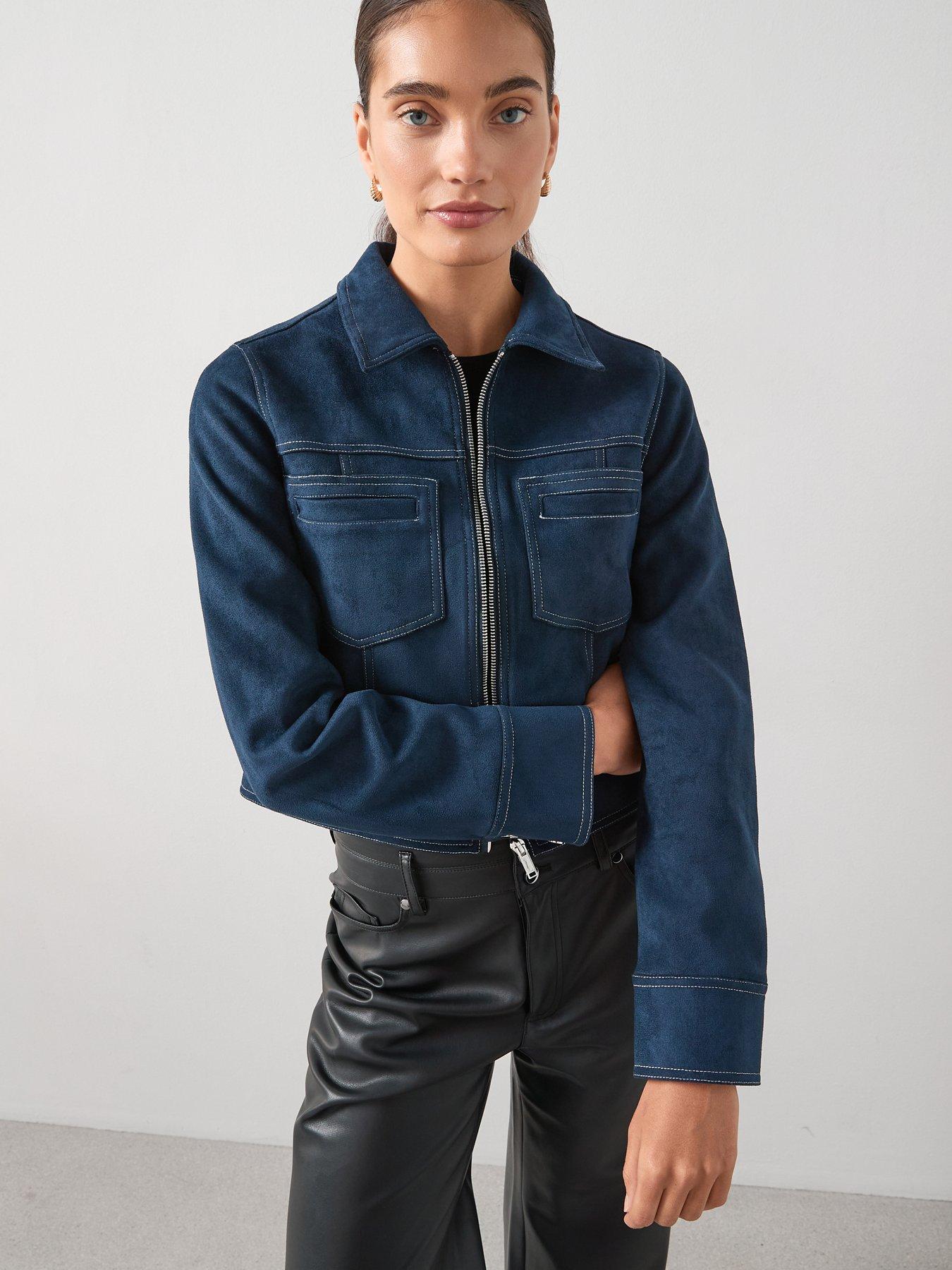 undefined Stitch Detail Faux Suede Jacket  - Navy