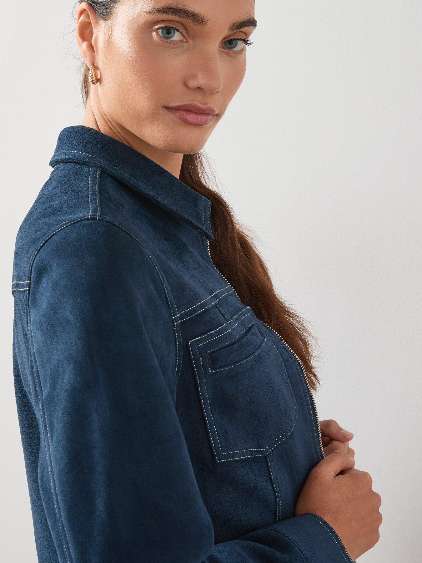 Image 4 of 7 of The Very Collection Stitch Detail Faux Suede Jacket&nbsp; - Navy