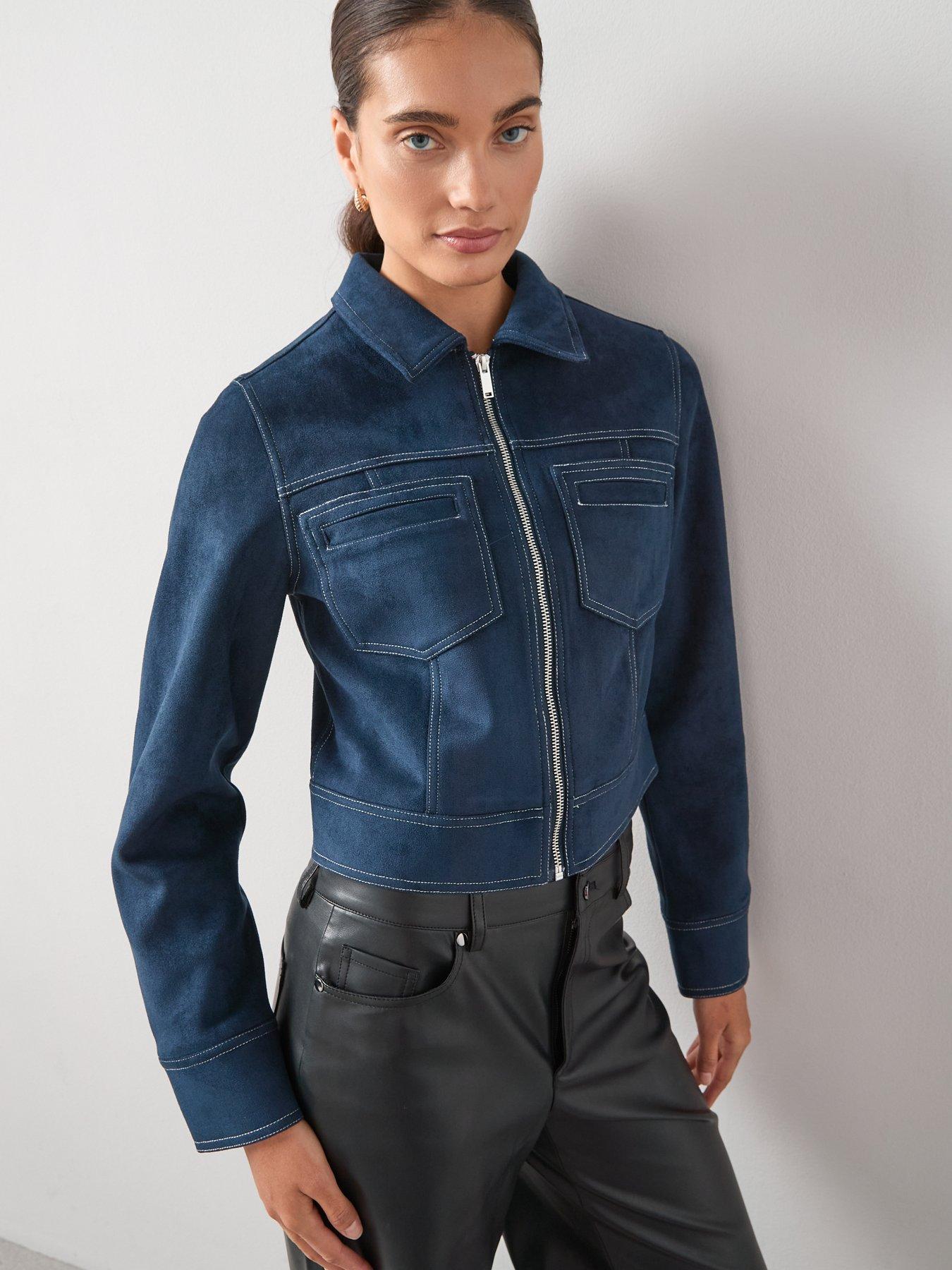Image 5 of 7 of The Very Collection Stitch Detail Faux Suede Jacket&nbsp; - Navy