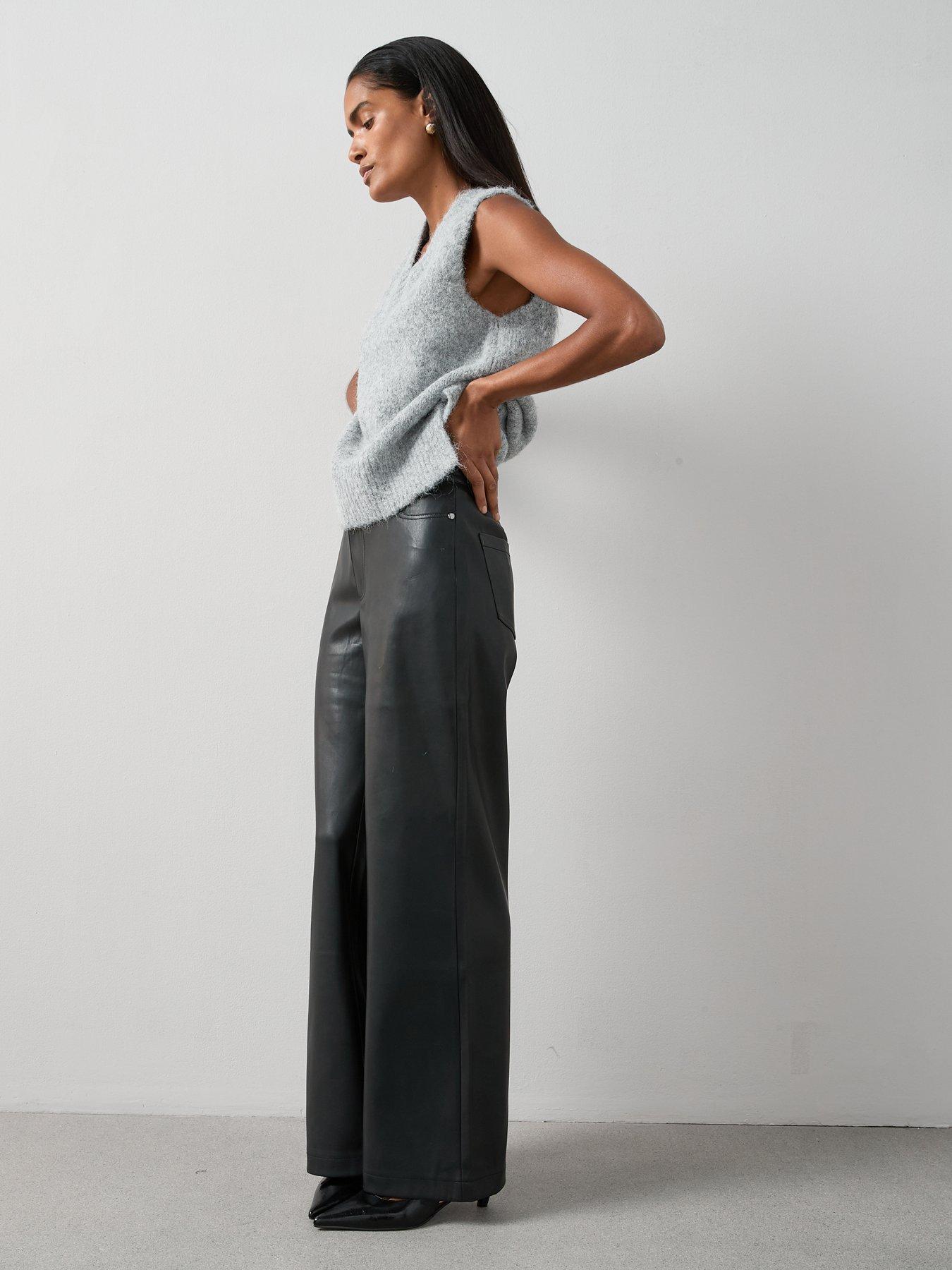 Image 3 of 6 of V by Very Faux Leather Double Button Wide Leg Trousers - Black