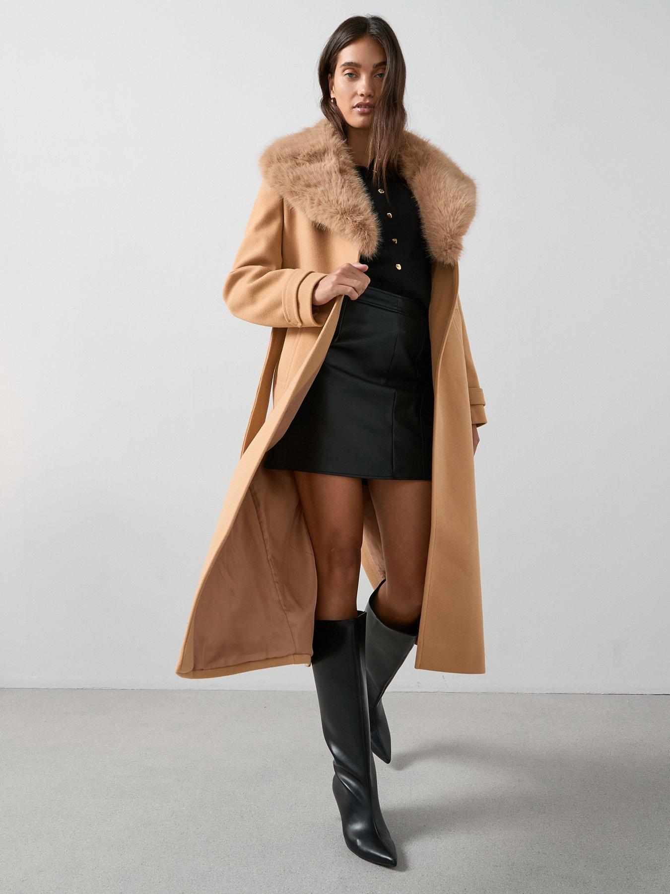 undefined Faux Fur Collared Belted Coat - Light Brown