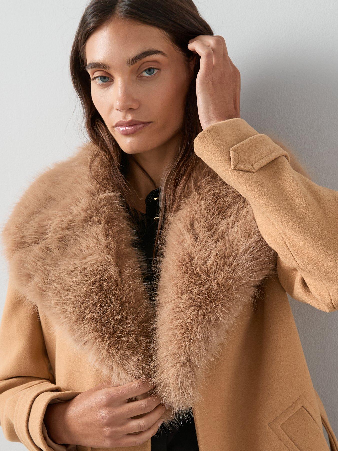 Image 4 of 6 of The Very Collection Faux Fur Collared Belted Coat - Light Brown