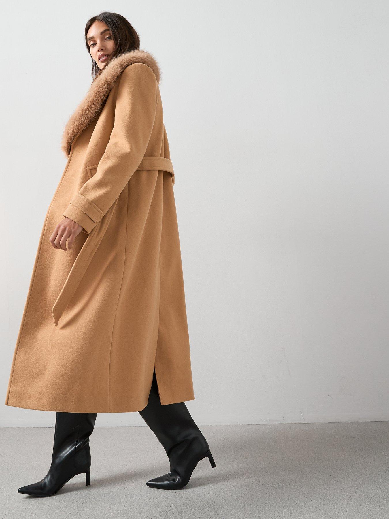 Image 5 of 6 of The Very Collection Faux Fur Collared Belted Coat - Light Brown