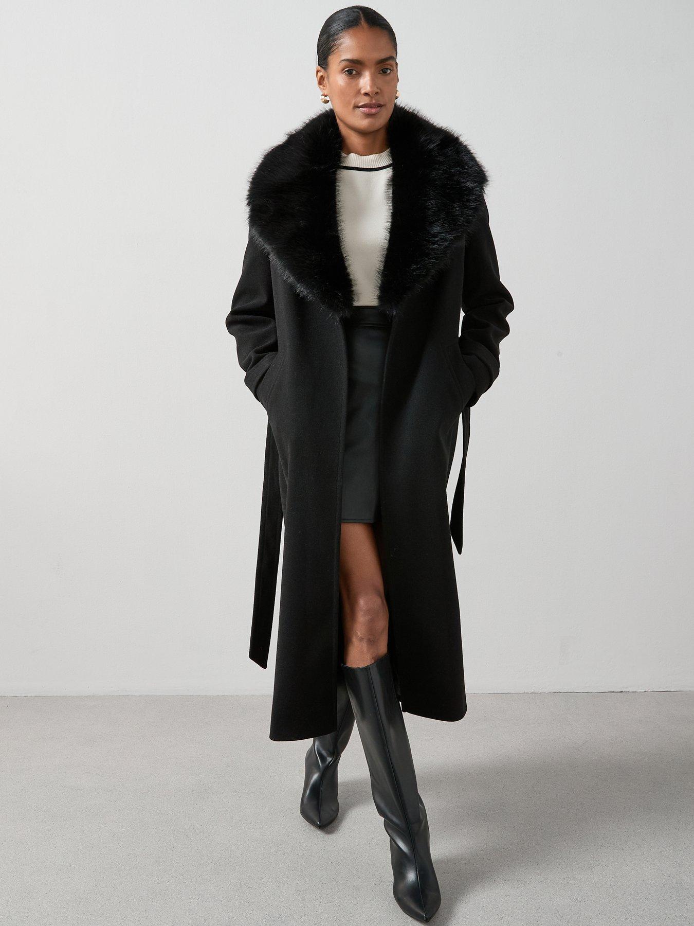 undefined Faux Fur Collared Belted Coat - Black