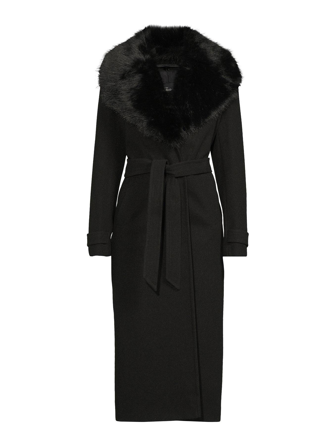 Image 7 of 7 of The Very Collection Faux Fur Collared Belted Coat - Black